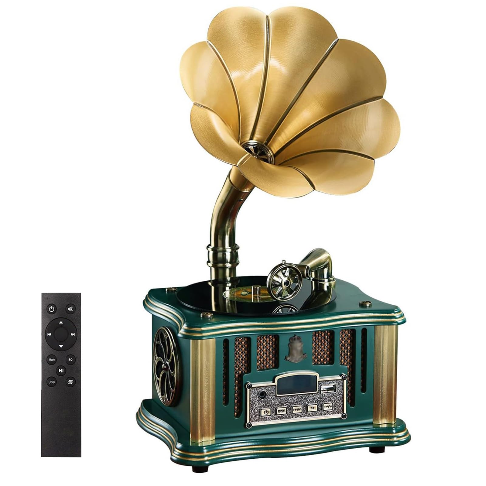 Vintage Retro Gramophone Bluetooth 5.1 Wireless Record Player - Mini Bronze Speaker with Remote Control, FM Radio, USB/AUX Input - Classic Music Box for Home Decor, Living Room Entertainment, Gift Idea (Green)