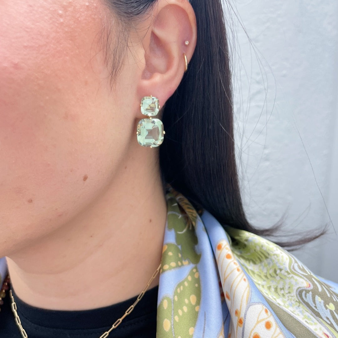 Goshwara Prasiolite 18K Yellow Gold Double Drop Earrings for Women | Elegant Green Gemstone Dangle Earrings | Perfect for Weddings, Parties & Special Occasions