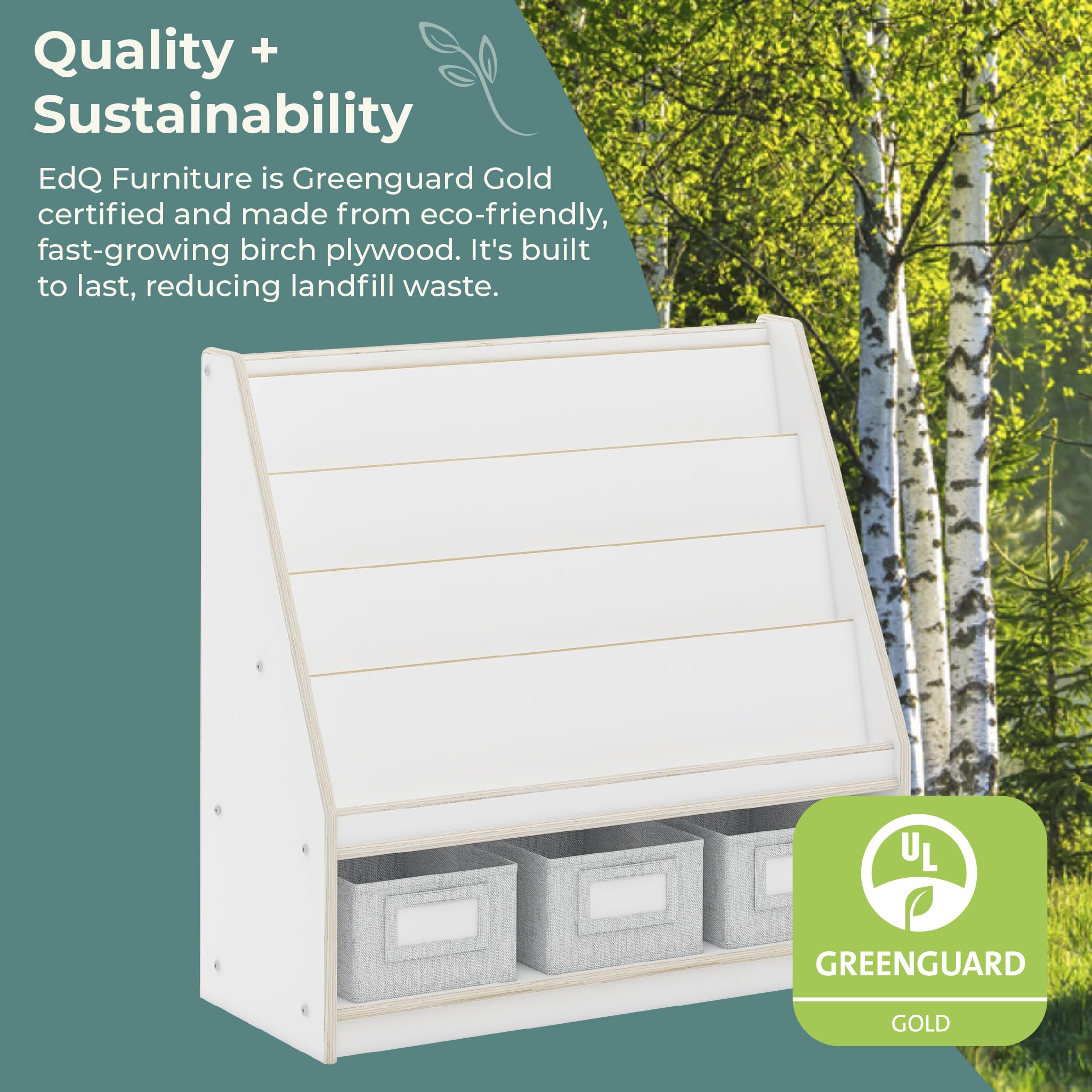 Guidecraft EdQ Book and Bin Display White with 3 Storage Bins - Wooden Kids Bookcase & Toy Storage Organizer for Homeschool, Classroom & Playroom - Sturdy Bookshelf Furniture for Children's Books, Toys & Learning Supplies