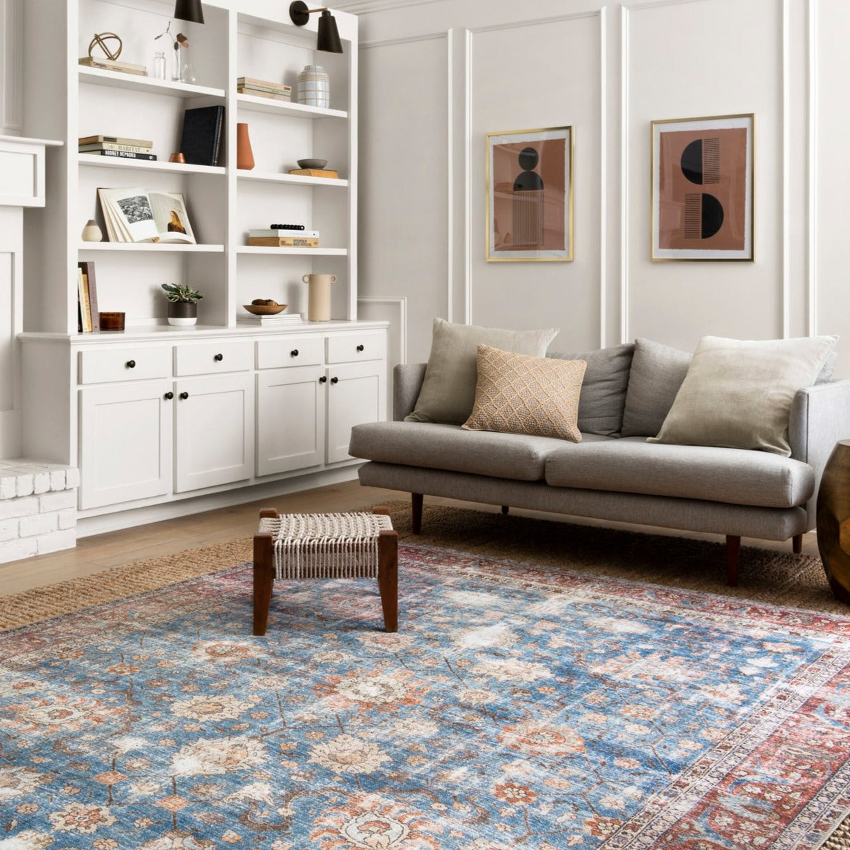 Loloi Loren Blue/Brick Area Rug 5'x7' - Soft Handmade Vintage Style Floor Carpet for Living Room, Bedroom & Dining Room Decor