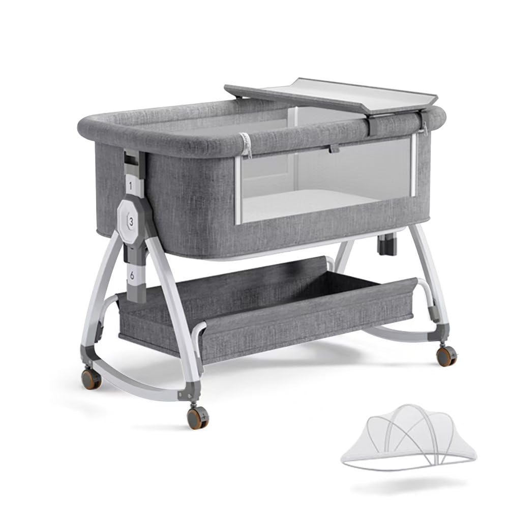 Bonbay 4-in-1 Portable Baby Bassinet with Wheels, Mosquito Net & Storage Basket - 6 Height Adjustable Bedside Sleeper for Newborns | Perfect for Nursery, Bedroom & Travel Use