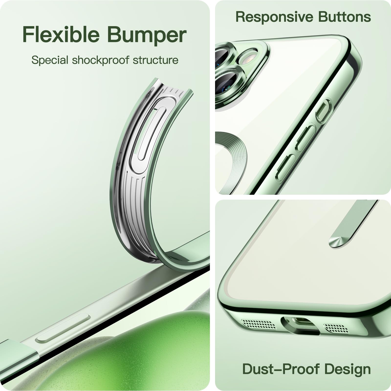 JETech iPhone 15 Plus 6.7-Inch Clear Soft Case with Full Camera Protection - MagSafe Compatible, Shockproof Electroplated TPU Cover (Green) - Perfect for Everyday Use, Wireless Charging & Drop Protection
