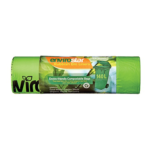 Envirostar 140L Compostable Trash Bags - 23 Micron Thick Eco-Friendly Garbage Bags for Kitchen, Yard & Commercial Use | Biodegradable Waste Solution