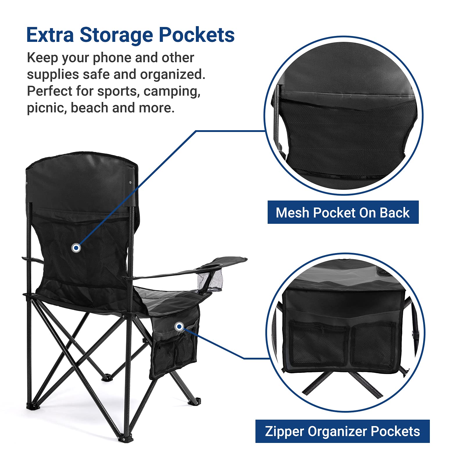 AsterOutdoor Heavy Duty Camping Folding Chair with Padded Seat, Large Cup Holders & Side Organizer - 350lbs Capacity for Backyard, Beach, Fishing, Picnics & Outdoor Events | Portable Quad Arm Chair with Back Pocket for Comfortable Relaxation