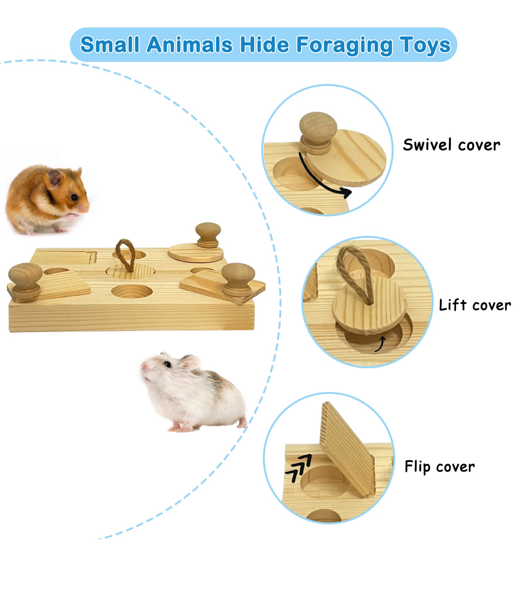 Wooden Hamster Foraging Toys - Interactive Small Animal Chew Toys for Guinea Pigs, Chinchillas, Rats, Rabbits, Hedgehogs & Gerbils - Hide Treats Puzzle Snuffle Game for Mental Stimulation & Enrichment - Perfect for Cage Play & Small Pet Entertainment