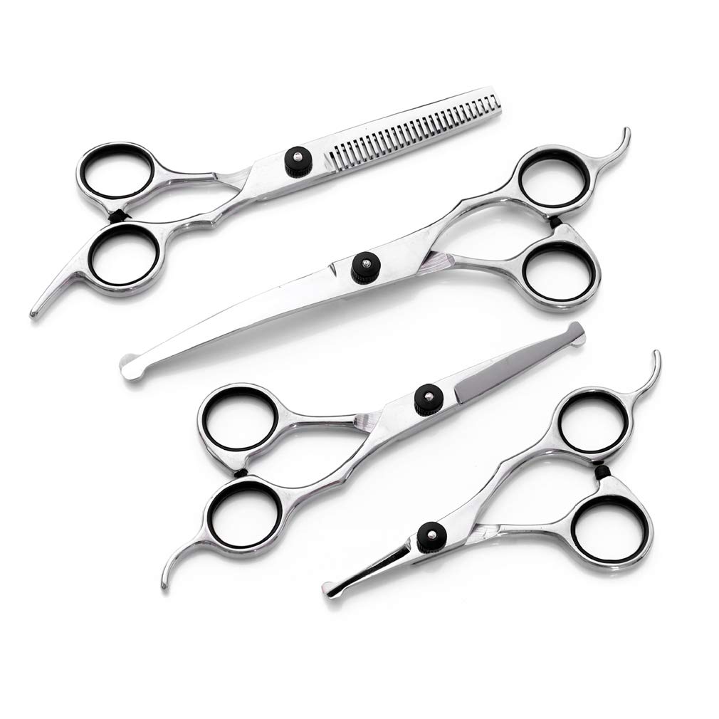 Premium Stainless Steel Pet Grooming Scissors Set - 4 Piece Professional Dog & Cat Hair Cutting Kit with Straight, Thinning, Curved Shears for Precise Trimming | Perfect for Home Grooming, Pet Salons & Professional Stylists