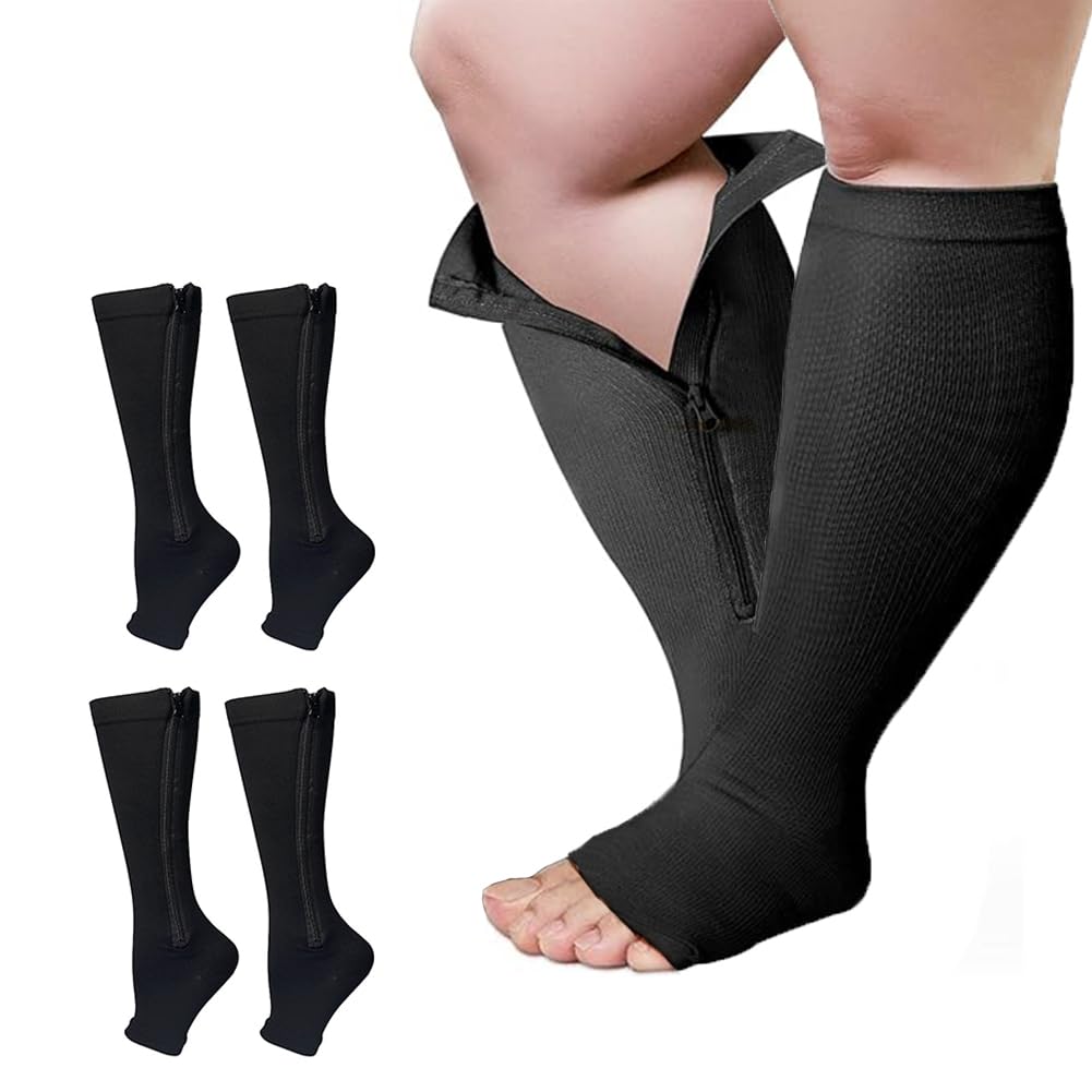 2 Packs Plus Size Compression Socks with Zipper - Knee High 15-20mmHg Support Socks for Women & Men - Open Toe Design for Comfort - Ideal for Travel, Nursing & Varicose Vein Relief