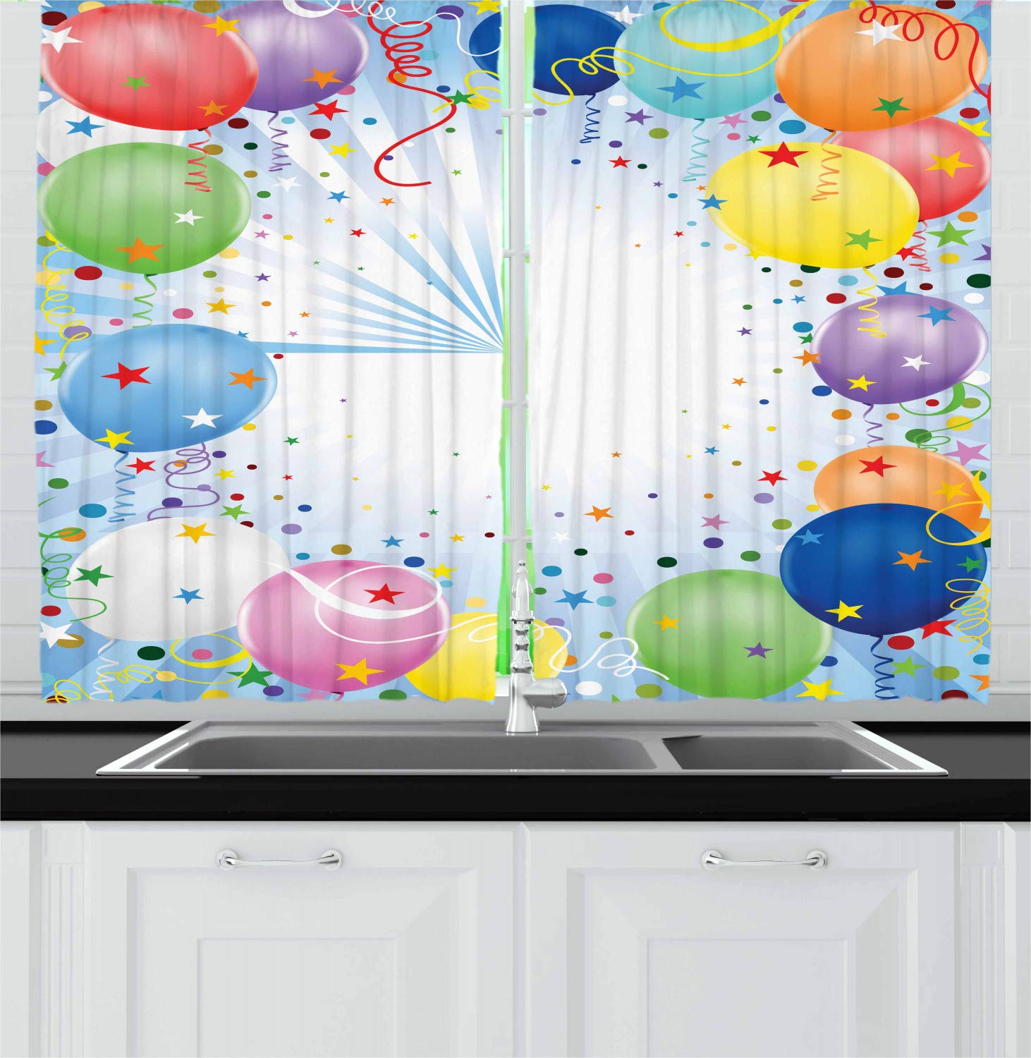 Ambesonne Happy Celebration Kitchen Curtains Set of 2 - Colorful Balloons & Stars Design for Windows, 55
