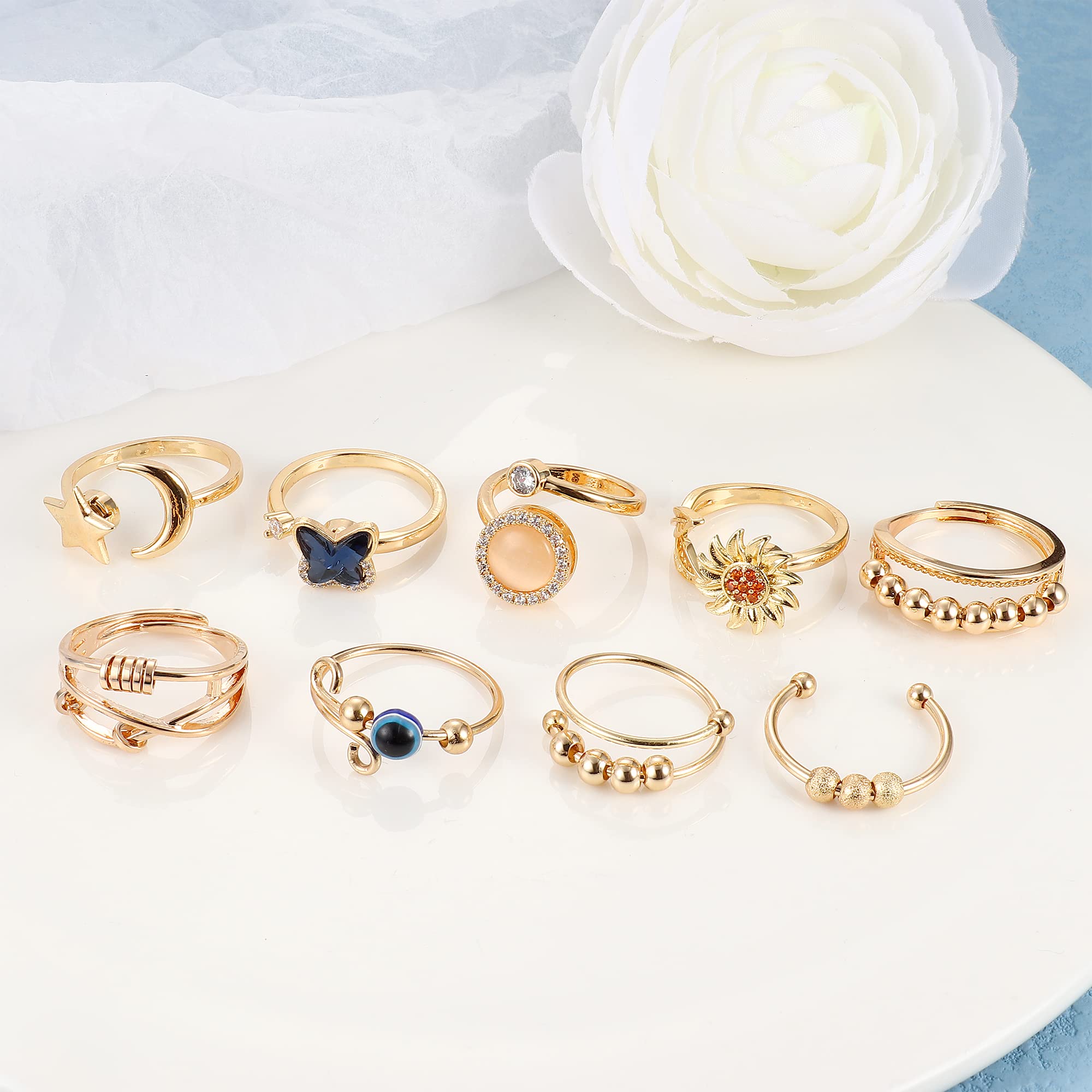 FIBO STEEL 9 Pcs Anxiety Relief Spinner Rings for Women & Men - Stress Relieving Rotatable Rings with CZ Flower Moon Star Design, Adjustable Size for Office, Travel & Daily Wear