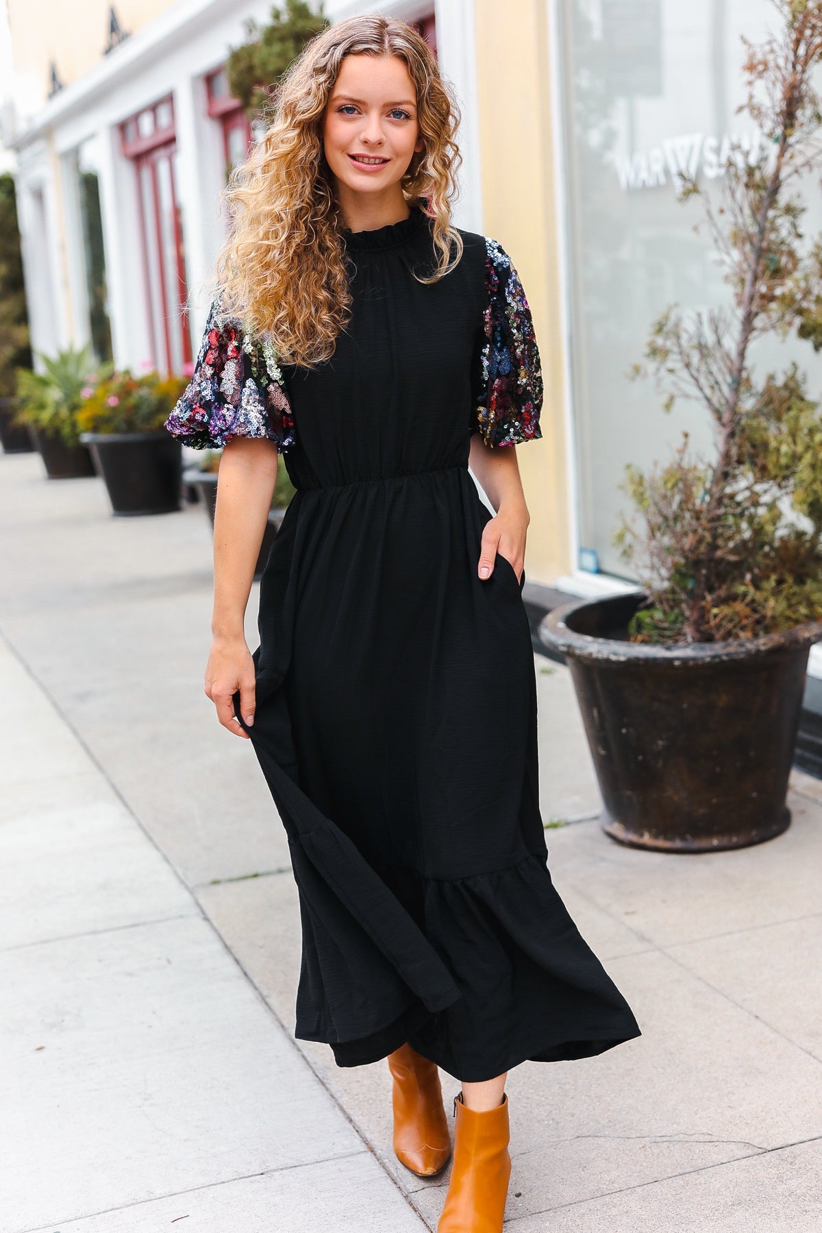 Elegant Black Floral Sequin Puff Sleeve Mock Neck Tiered Maxi Dress for Women - Perfect for Evening Parties, Weddings & Special Occasions