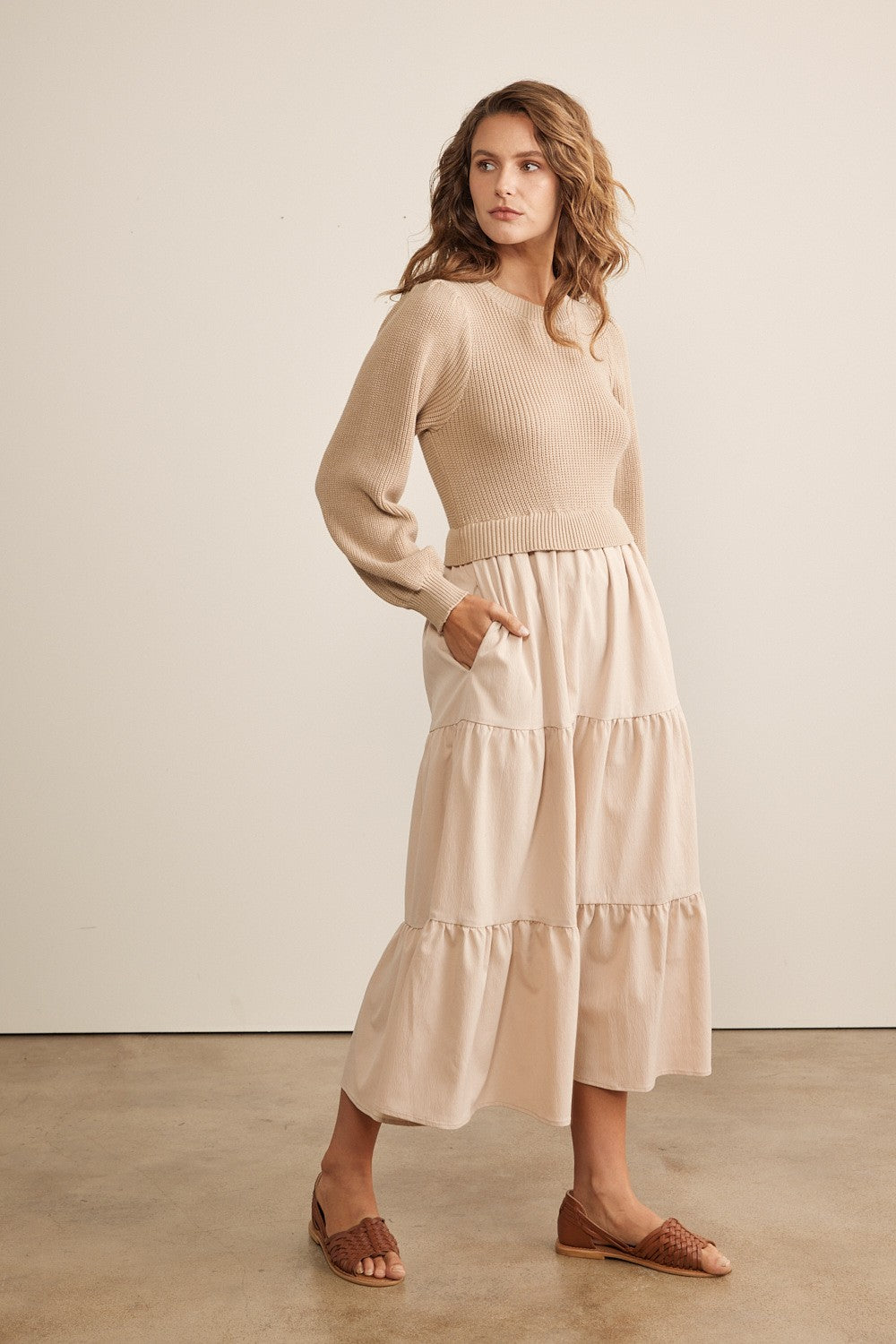 Beige Sweater Top Tiered Midi Dress for Women - Cozy Knit Casual Outfit for Fall & Winter | Perfect for Office, Date Night & Holiday Parties