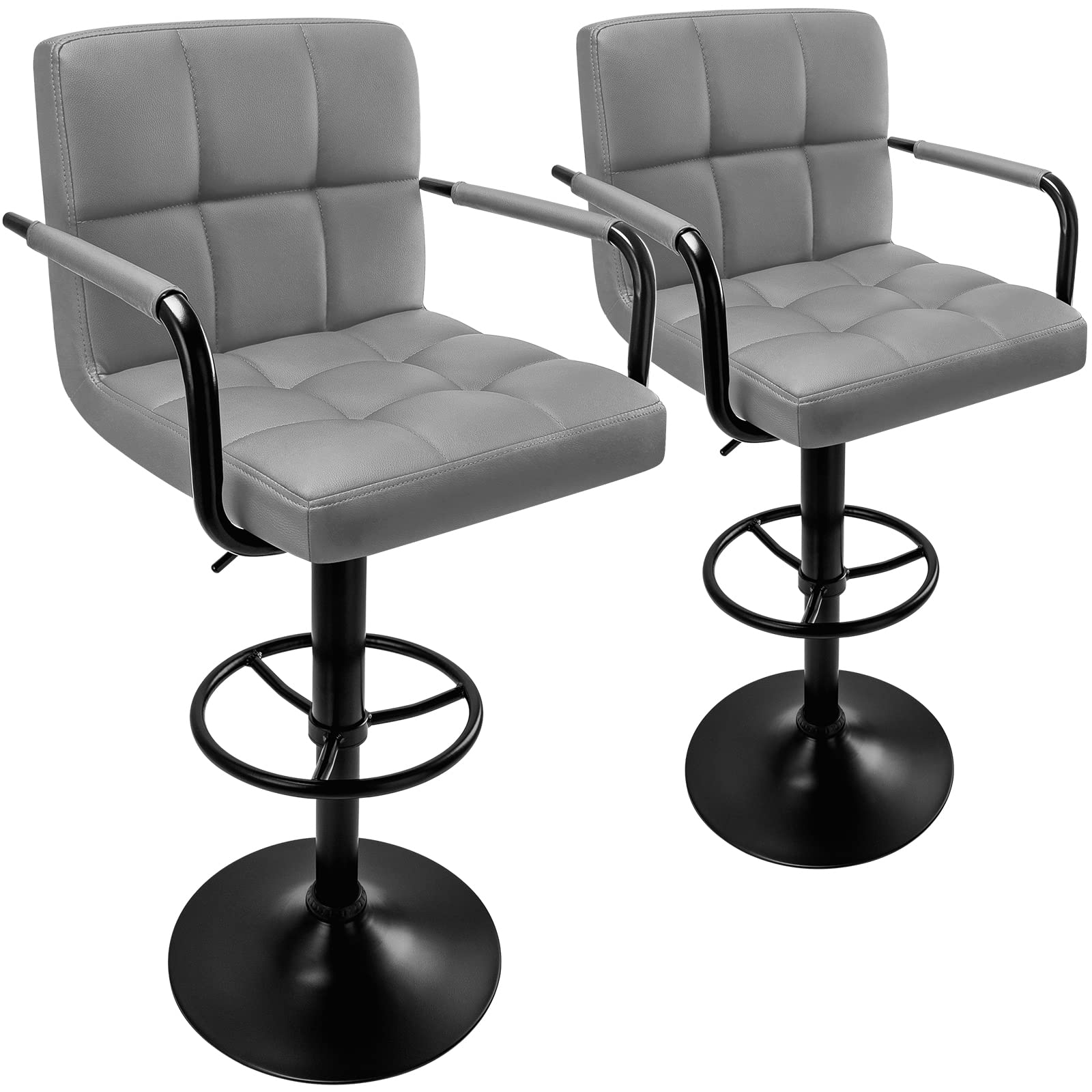 Adjustable Swivel Bar Stools Set of 2 - Modern Counter Height Barstools with Armrests & PU Leather Back - Light Grey Base for Kitchen Island, Breakfast Bar & Home Decor (2 Pack)