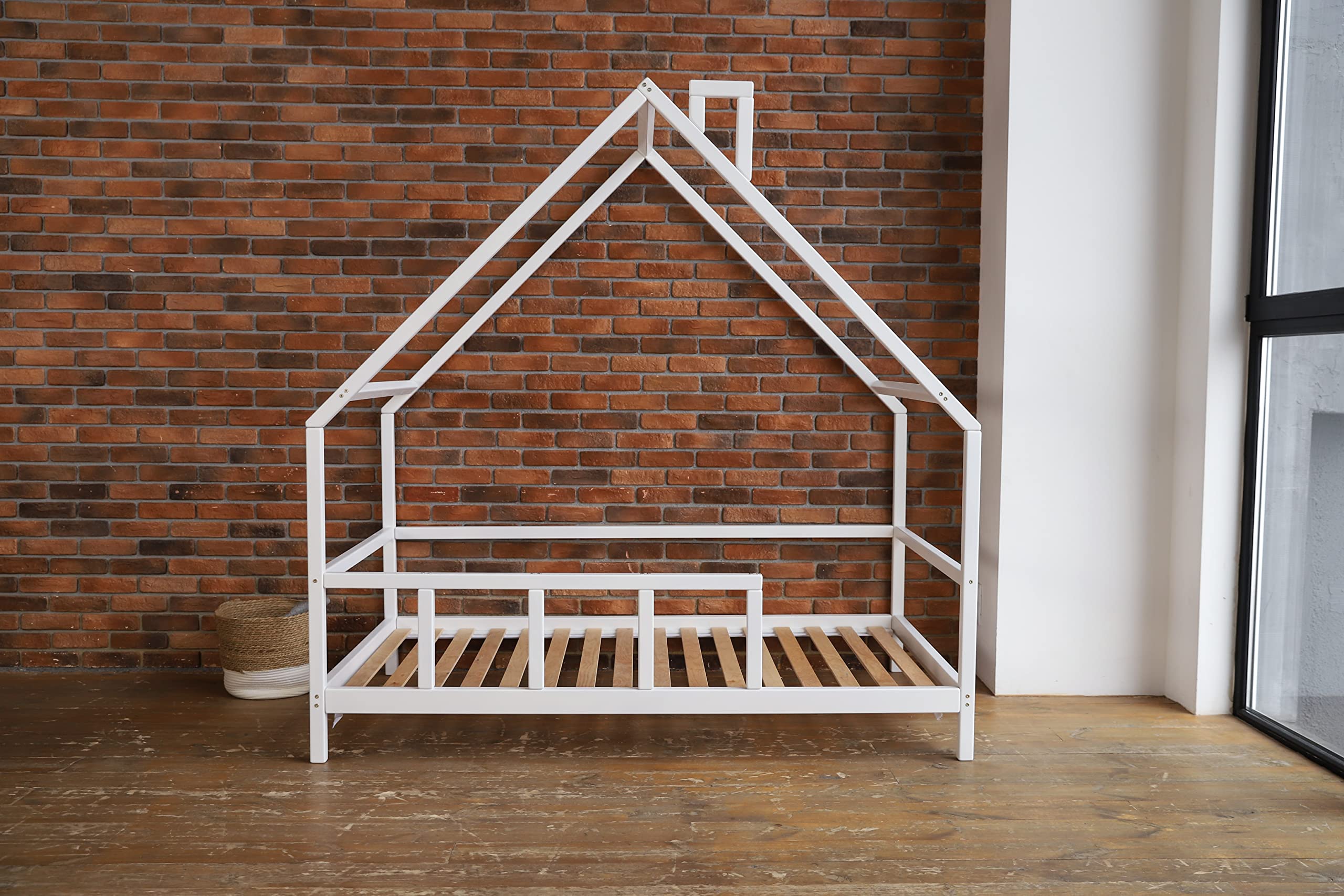 Montessori Toddler Bed with House Roof & Safety Rails - White Twin/Full Size Kids Bed Frame with Legs - Perfect for Nursery, Daycare & Montessori Classrooms (Model 15)