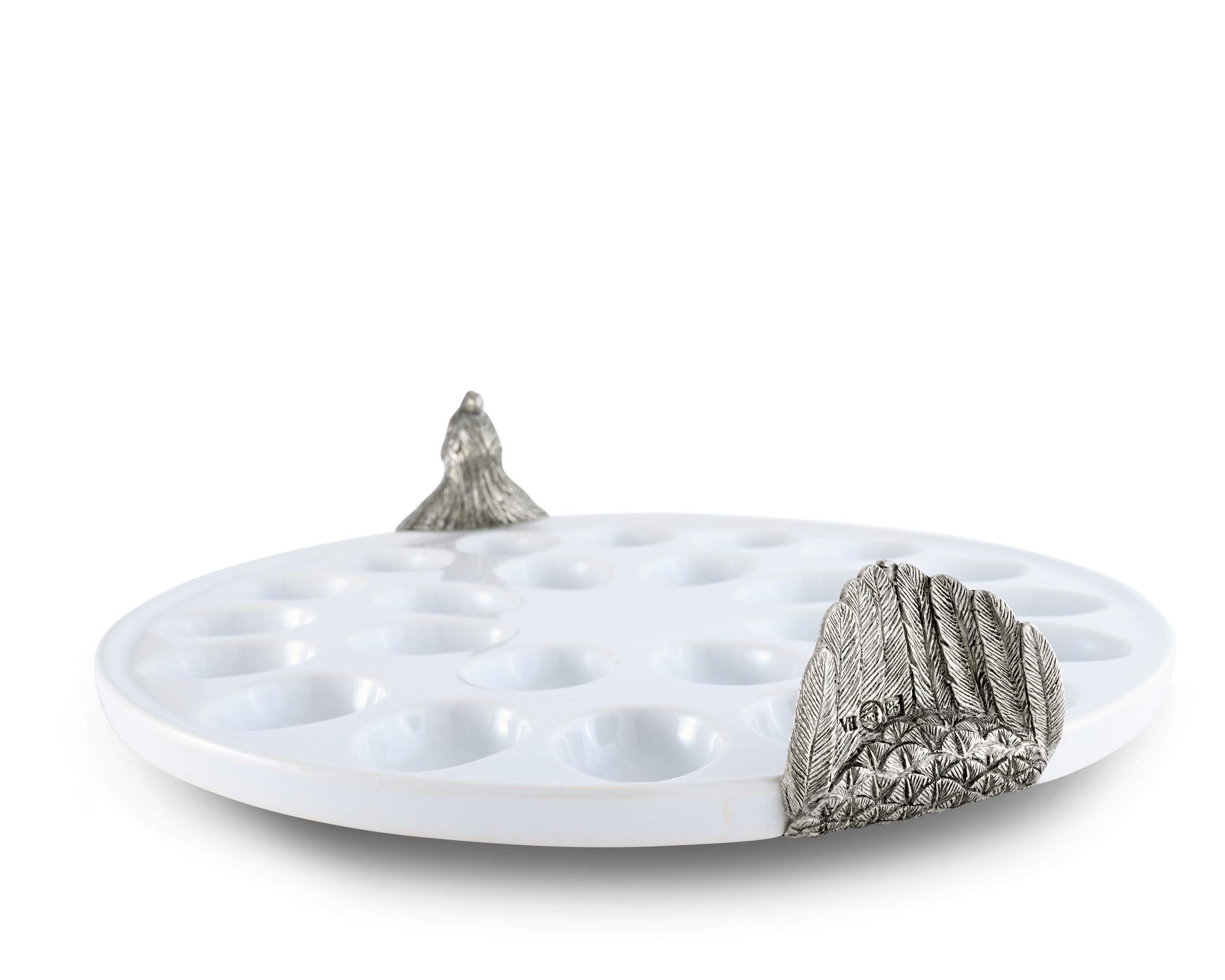 Vagabond House Pewter Chicken Deviled Egg Stoneware Tray - 13 Inch Diameter Rustic Farmhouse Serving Dish for Easter, Brunch, and Party Appetizers
