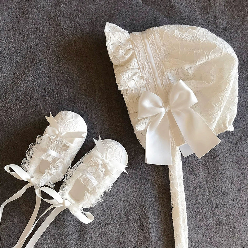 Baby Girl Princess Hat & Lace Shoes Set - Elegant Newborn Photo Outfit for Christening, Birthday & Special Occasions