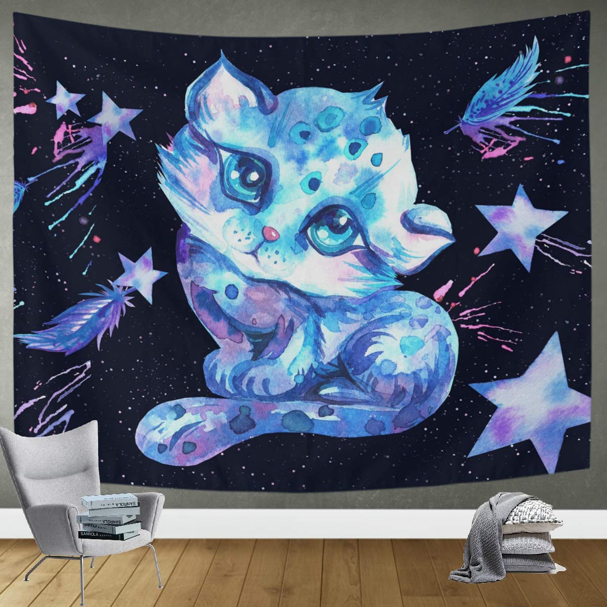 DOMIKING Blue Cosmos Watercolor Cat Tapestry Wall Hanging - 60x51 Inch Large Wall Art for Bedroom, Living Room & Dorm Decor | Boho Home Aesthetic & Instagram Backdrop