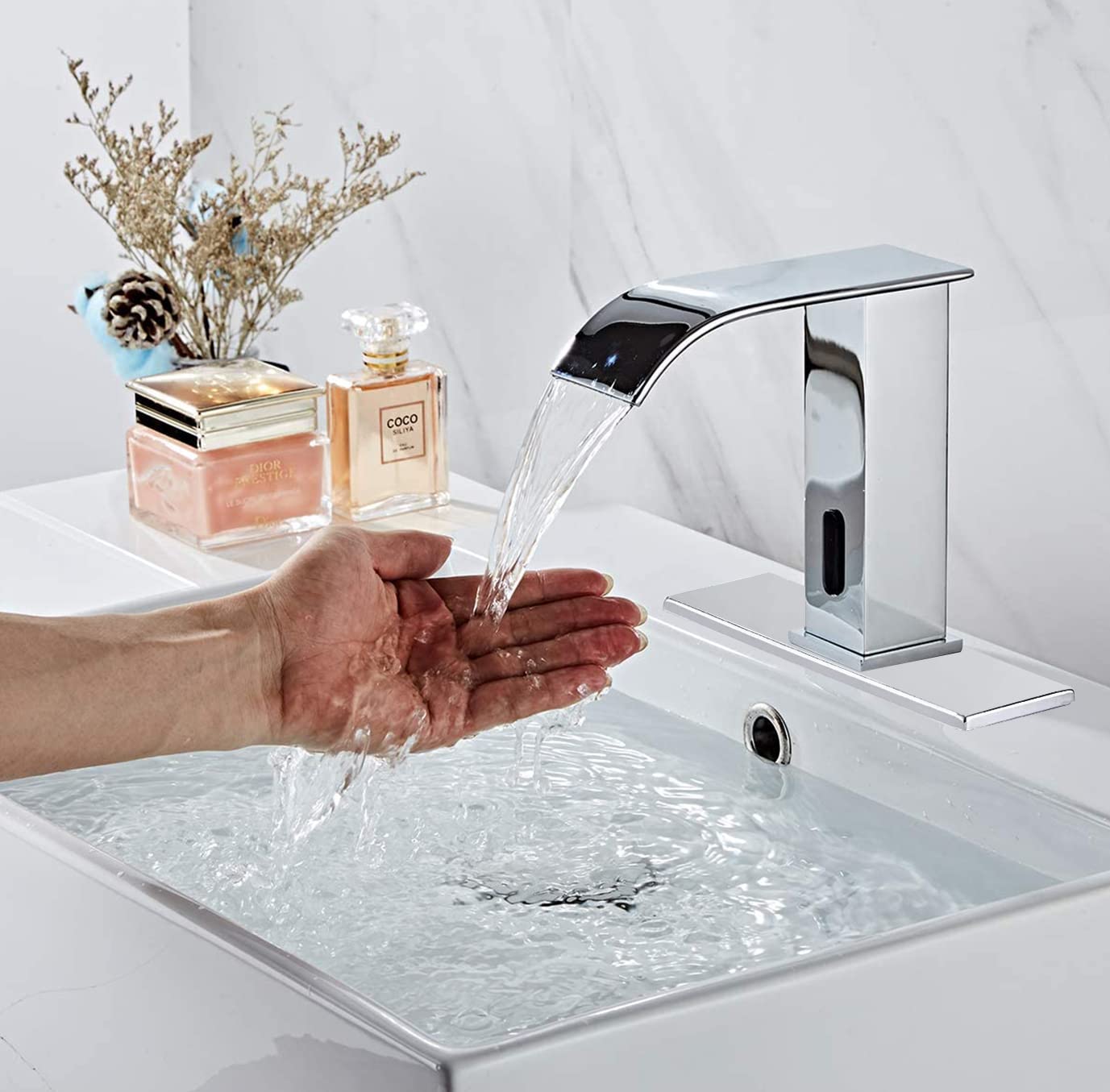 Automatic Touchless Bathroom Faucet Sensor - Hands-Free Waterfall Chrome Sink Faucet with Motion Activation | Dual Powered (Battery/USB) | Perfect for Modern Homes, Public Restrooms & Water Conservation | ADA Compliant Design