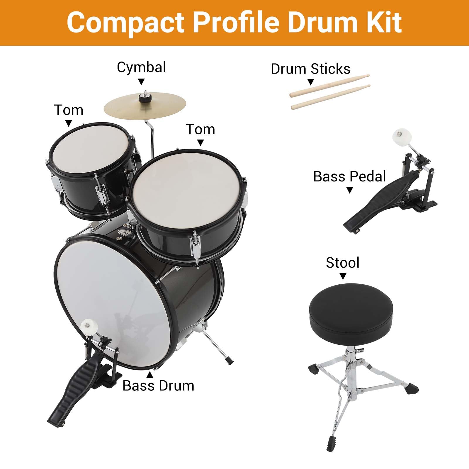 AD-300 Junior 5-Piece Drum Set with Bass Drum, Tom-Tom, Snare, Cymbals & Hi-Tone Drum | Includes Drum Sticks, Pedal & Stool | Perfect Beginner Drum Kit for Kids & Teens | Ideal for Home Practice, Music Lessons & Live Performances