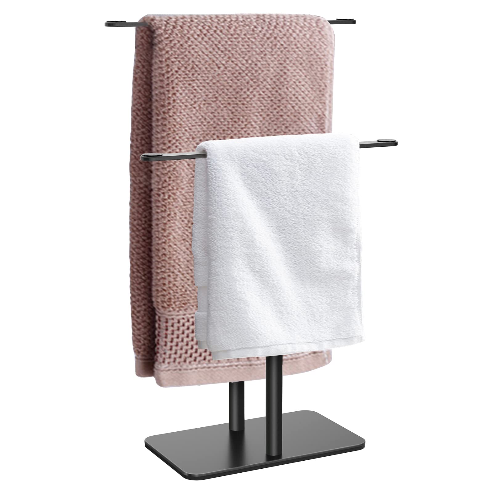 Black Metal Double-T Hand Towel Stand with Base - Bathroom & Kitchen Countertop Vanity Towel Rack Holder - Perfect for Small Spaces, Guest Bathrooms, and Modern Home Decor