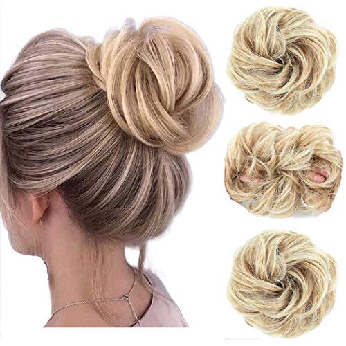 Gangel Synthetic Hair Bun Extensions - Curly Wavy Ponytail Hairpiece with Elastic Scrunchie for Half Updo Hairstyles | Women & Girls Wig (Ash Blonde & Bleach Blonde 27T613#) | Perfect for Parties, Weddings & Daily Styling