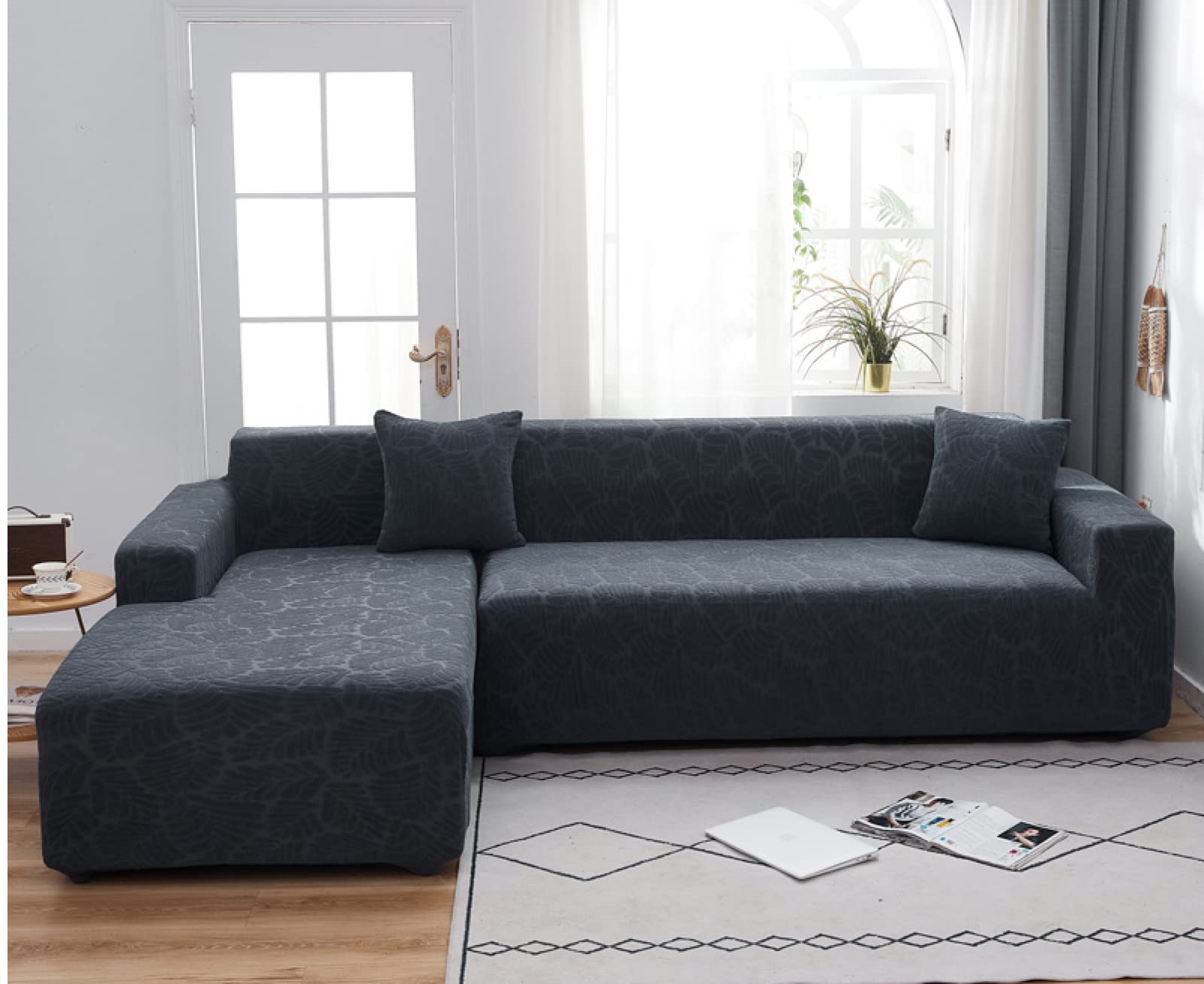 Jacquard Sofa Slipcover - Thick Elastic Couch Cover for 3-Seat Sectional (73-90 Inches) - Dark Furniture Protector for Living Room, Chaise Lounge & Armchairs | Perfect for Home Decor, Pet Protection & Spill Prevention