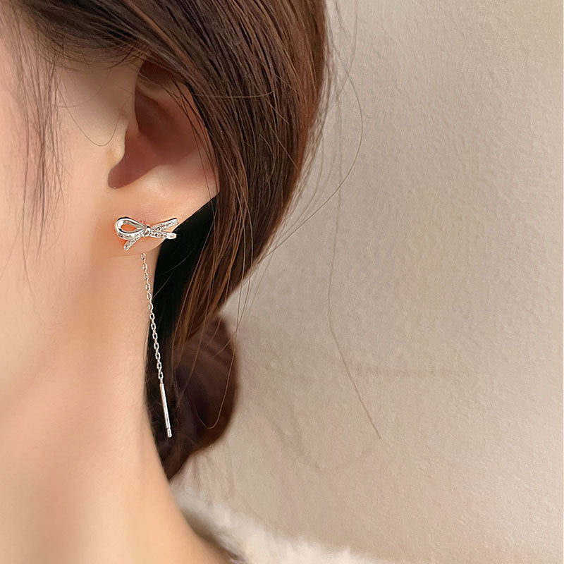 Gold Bow Tassel Fringe Threader Earrings for Women - Elegant Dangle Drop Earrings for Parties, Weddings & Special Occasions | R0016