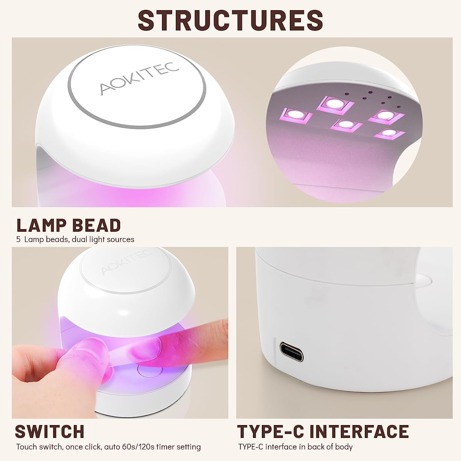 Aokitec 12W Mini UV LED Nail Lamp - Portable Quick Dry Gel Polish Curing Light for Salon & Home Manicure | DIY Nail Art Kit with Gel Extensions & Resin Glue | Perfect for Travel, Parties & Professional Use (White)