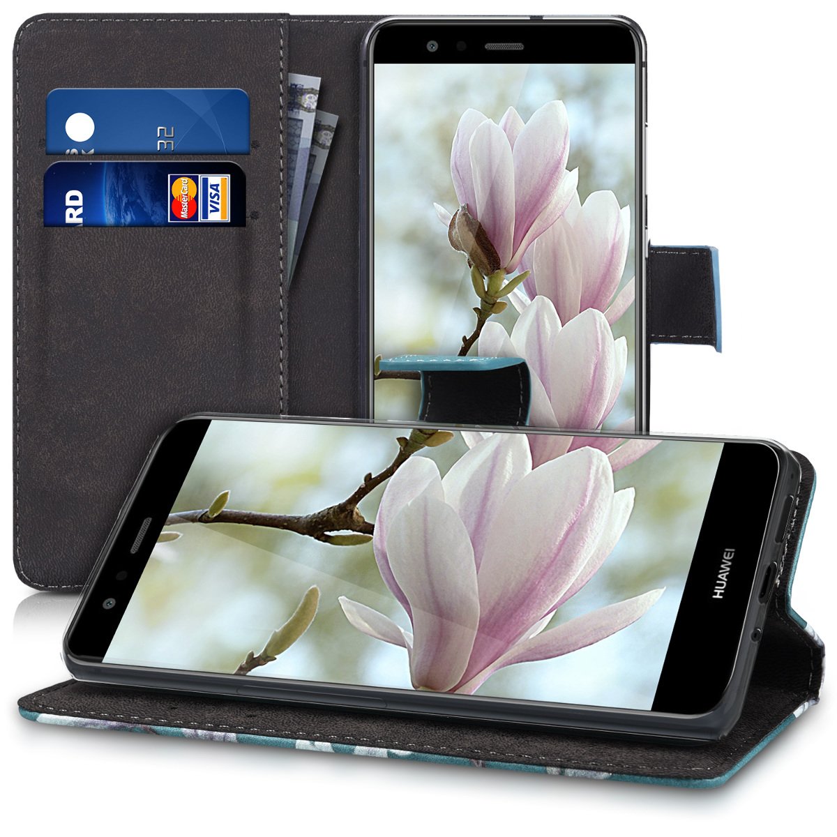 kwmobile Wallet Case Compatible with Huawei P10 Lite - Slim PU Leather Phone Cover with Card Slots & Magnetic Closure (Magnolias Taupe/White/Blue Grey) - Perfect for Work, Travel & Daily Use
