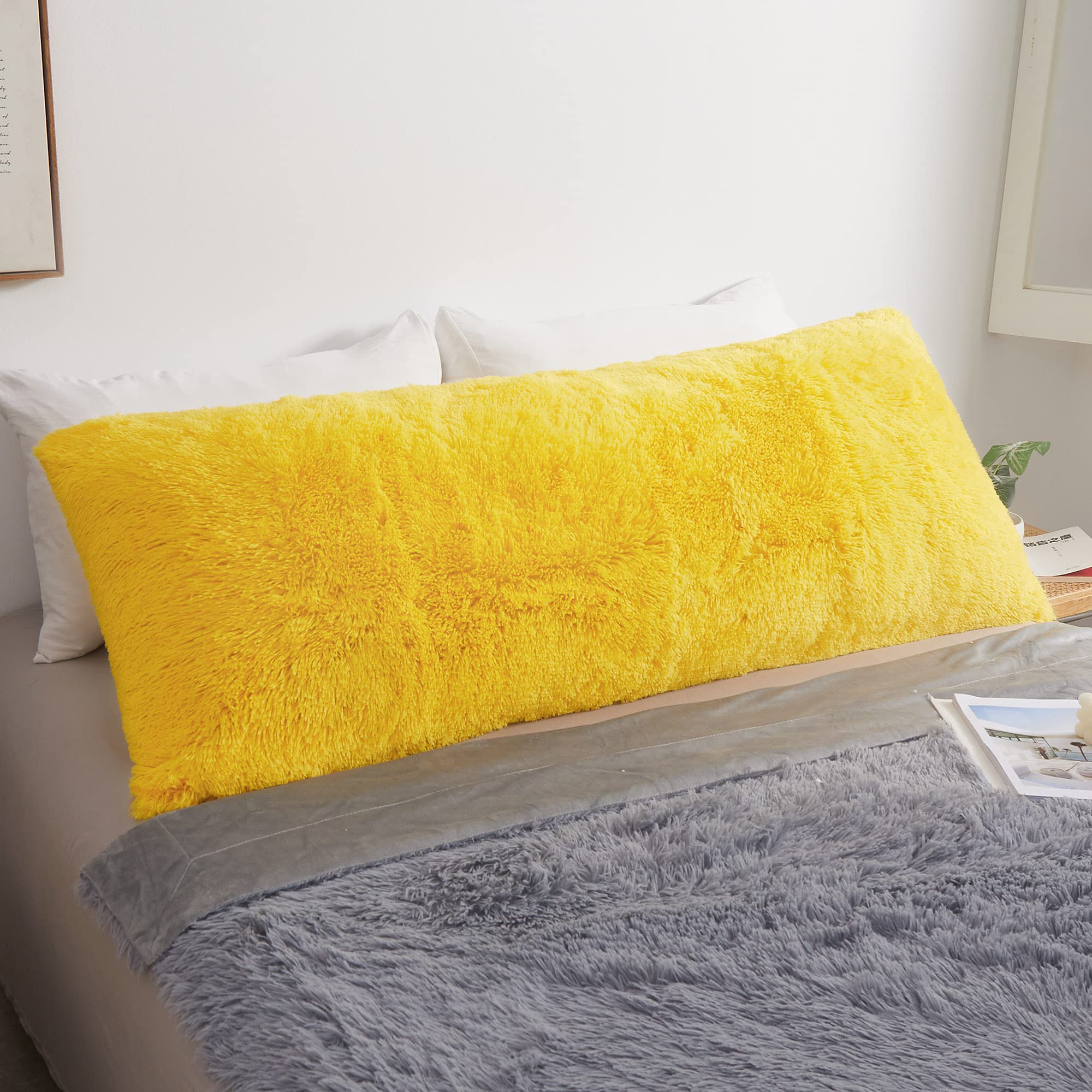 Luxury Fluffy Body Pillow Cover 20x54 Inches - Soft Shaggy Faux Fur Pillow Case with Zipper Closure - Plush Decorative Hug Pillow for Bedroom, Couch & Dorm - Yellow Furry Long Bed Pillow for Comfort & Style