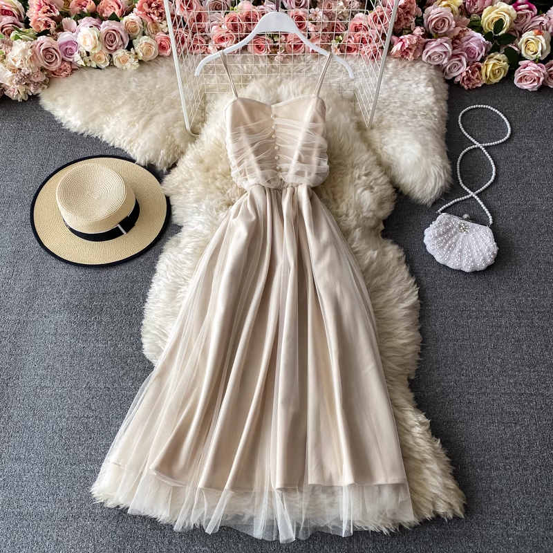 Elegant French Sleeveless Spaghetti Strap Tulle Maxi Dress - Fairy-Inspired Long Formal Gown for Weddings, Prom & Special Occasions