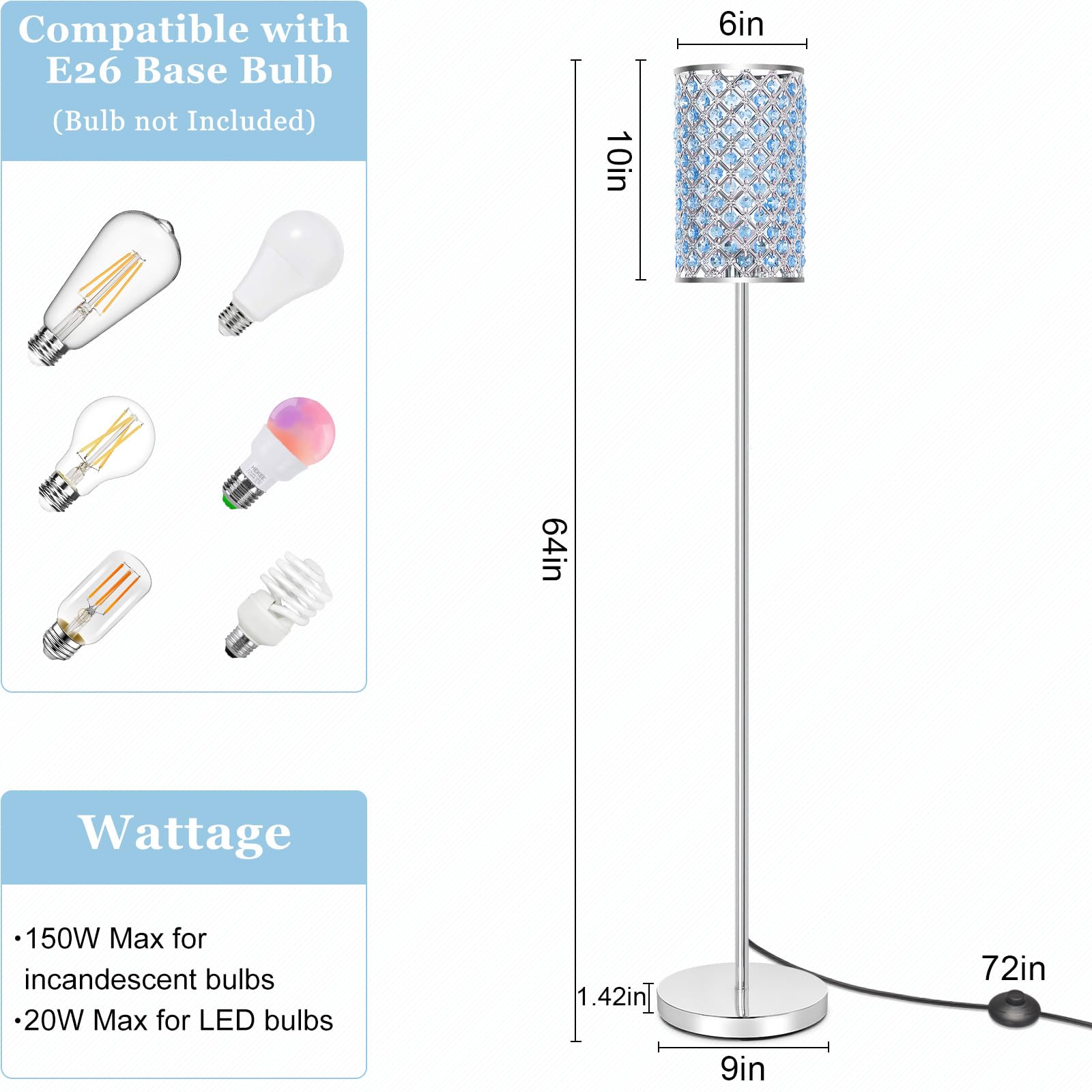 Crystal Floor Lamp with Teal Shade - Elegant Silver Standing Light for Living Room, Bedroom, Office & Dresser | Tall Pole Lamp with E26 Base | Perfect for Girls Room, Reading Nook & Home Decor