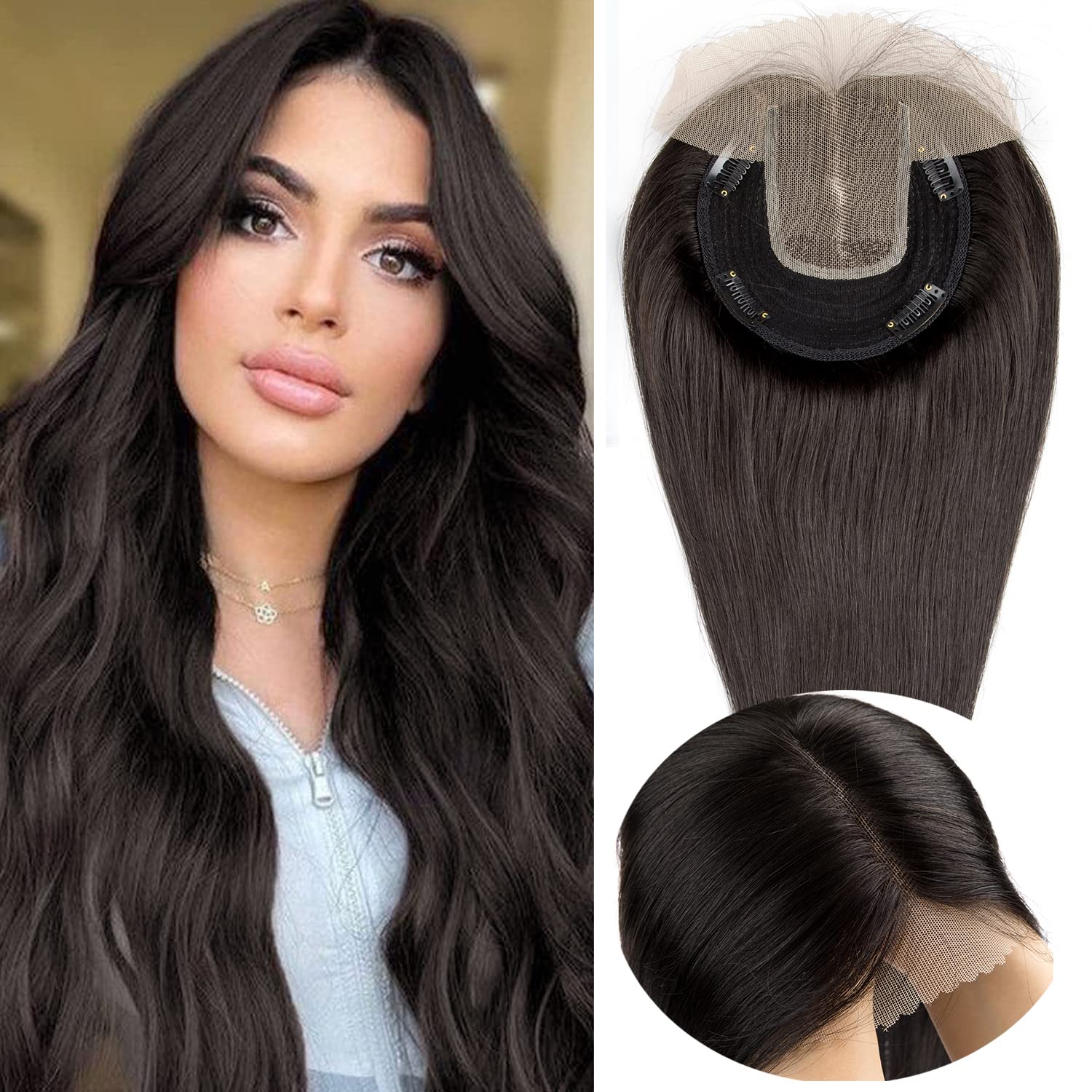 Originea 100% Real Human Hair Topper for Women - 150% Density Handmade Lace Front Toupee with Mono Base (14x15cm) - Clip in Hair Piece for Thinning Hair - 16” 80g #1B Natural Black - Perfect for Daily Wear, Parties & Special Occasions