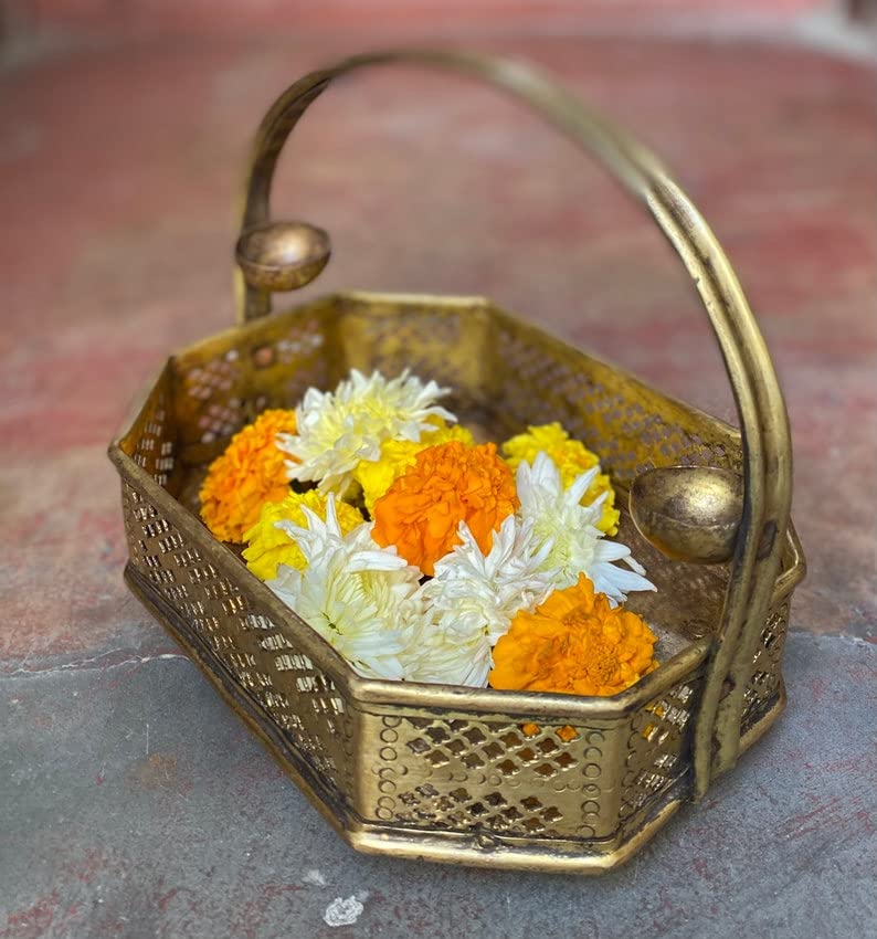Vintage Octagonal Brass Flower Basket - Handcrafted Indian Prayer Basket with Handle for Puja, Home Décor, Potpourri & Flowers - Perfect for Entryway, Dining Table & Spiritual Ceremonies | SAMSKRITIONLINE