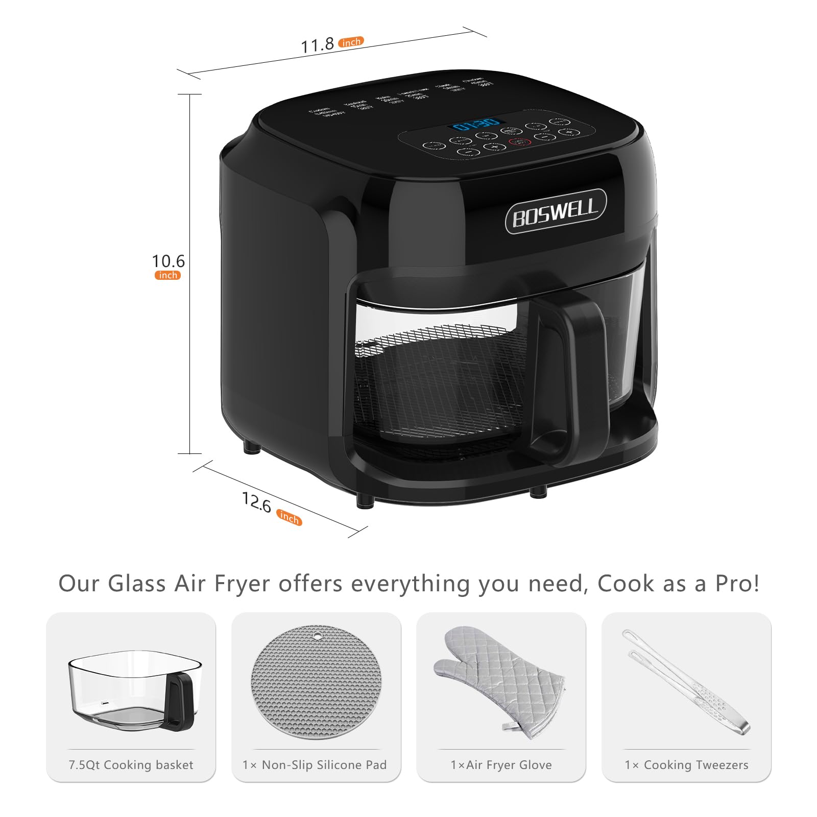 BOSWELL 7.5QT Glass Air Fryer with Transparent Basket - Digital Temperature Control, 360° Rapid Air Circulation, Stainless Steel Design - Dishwasher Safe for Easy Cleaning - Perfect for Family Dinners, Healthy Snacks & Crispy Fried Foods (Black)
