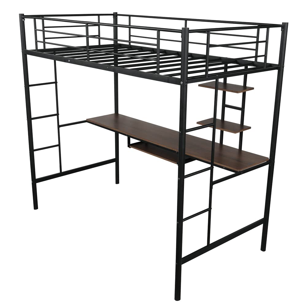 Twin Size Loft Bed Frame with MDF Desk & Storage Shelves - Metal Bedroom Furniture with Guardrails & Ladder - Space-Saving Workstation for Small Apartments, Dorms, Kids Rooms & Home Offices
