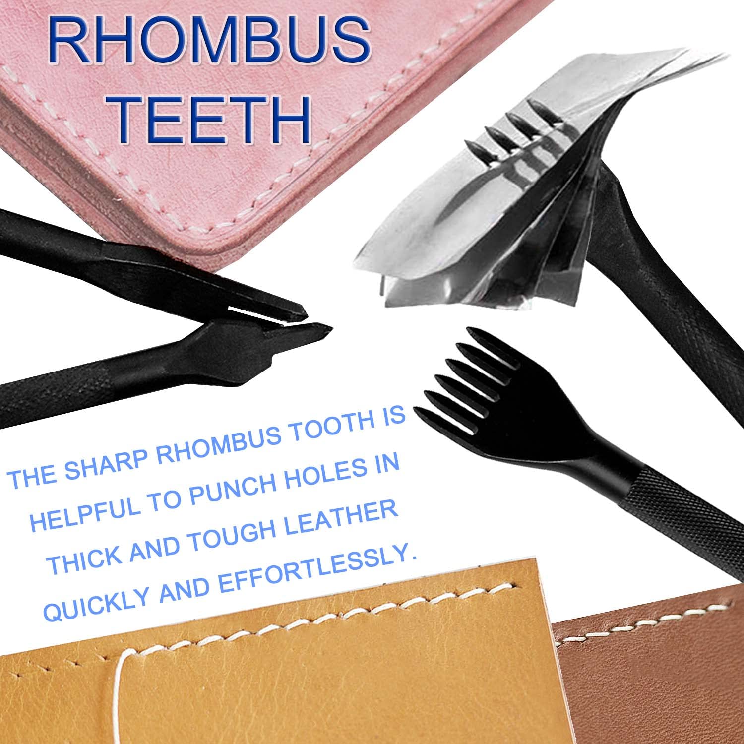 JONMON 5mm Diamond Hole Lacing Chisel Set - 1/2/4/6 Prong Leather Punch Tool with Rhombus Teeth for Leathercraft, DIY Stitching, Pricking & Sewing - Perfect for Bags, Belts & Wallet Making (4Pcs)