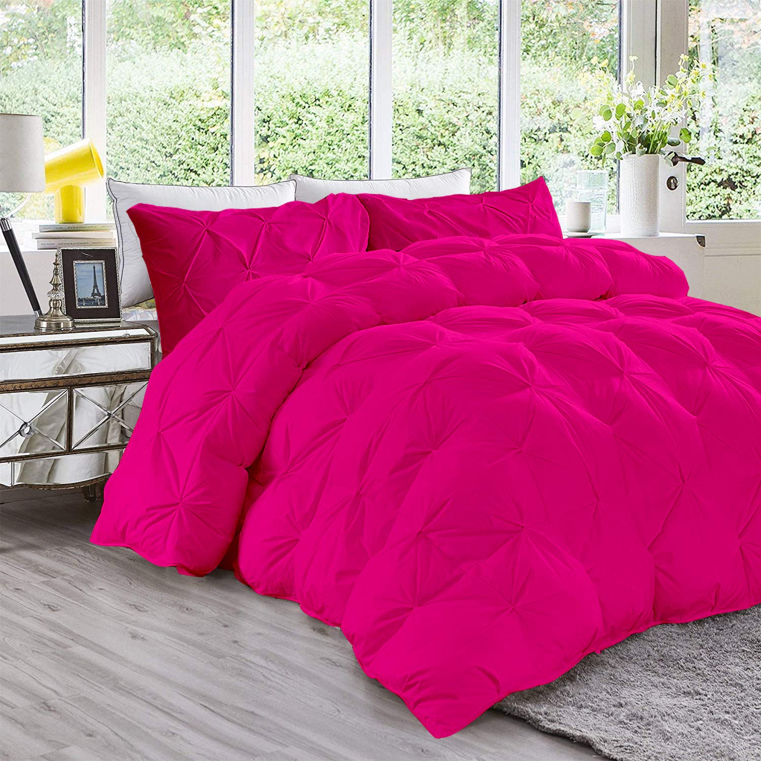 Laxo Crafts 500 GSM All-Season Goose Down Comforter Set - Hot Pink Quilted Pinch Pleated Duvet Insert with 4 Pillow Shams, Oversized King Size, 1000 Series Egyptian Cotton - Perfect for Master Bedroom, Guest Room & Cozy Winter Nights