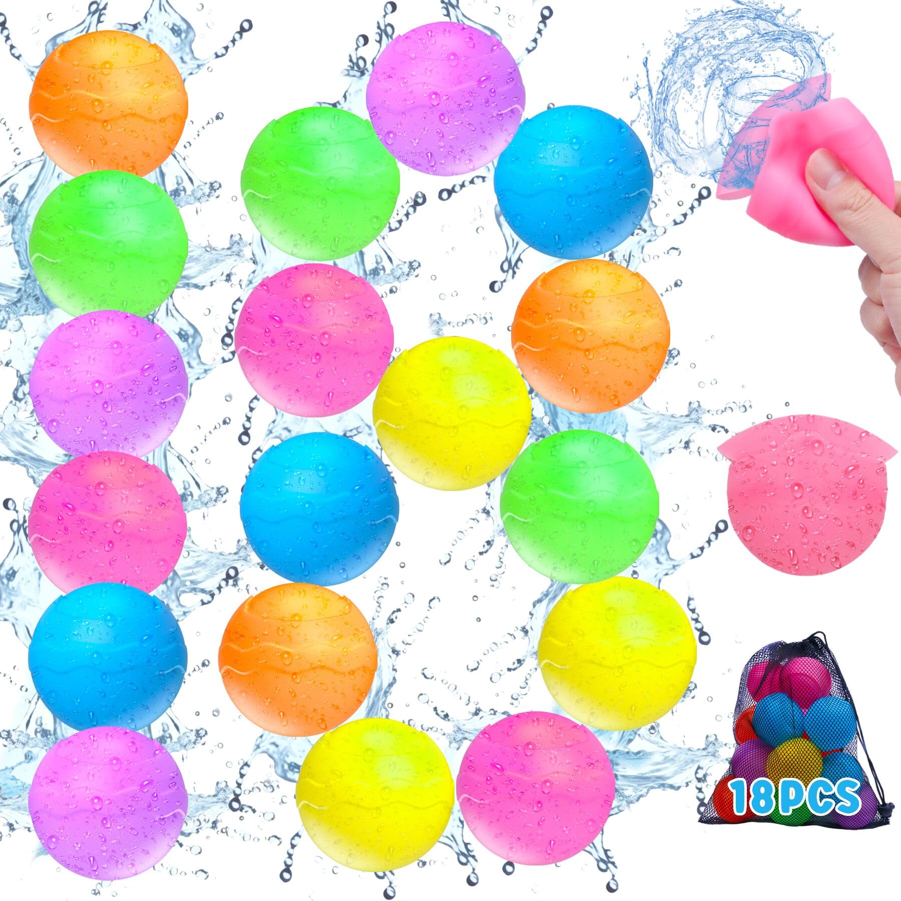 COSOOS 18 Pack Reusable Water Balloons for Kids - Self Sealing Refillable Water Bombs for Outdoor Summer Fun, Pool Party, Beach Games & Backyard Water Fights (Perfect for Boys & Girls)