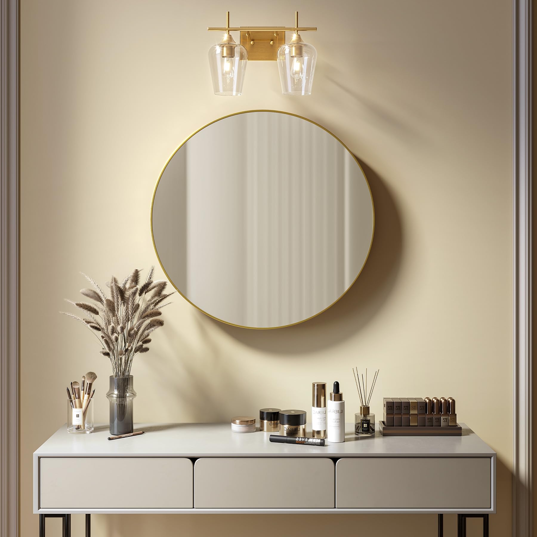 VONLUCE 2-Light Modern Bathroom Vanity Light Fixture with Clear Glass - Brushed Gold Wall Sconce for Mirror Lighting - Perfect for Bathroom, Bedroom, Hallway & Kitchen Decor