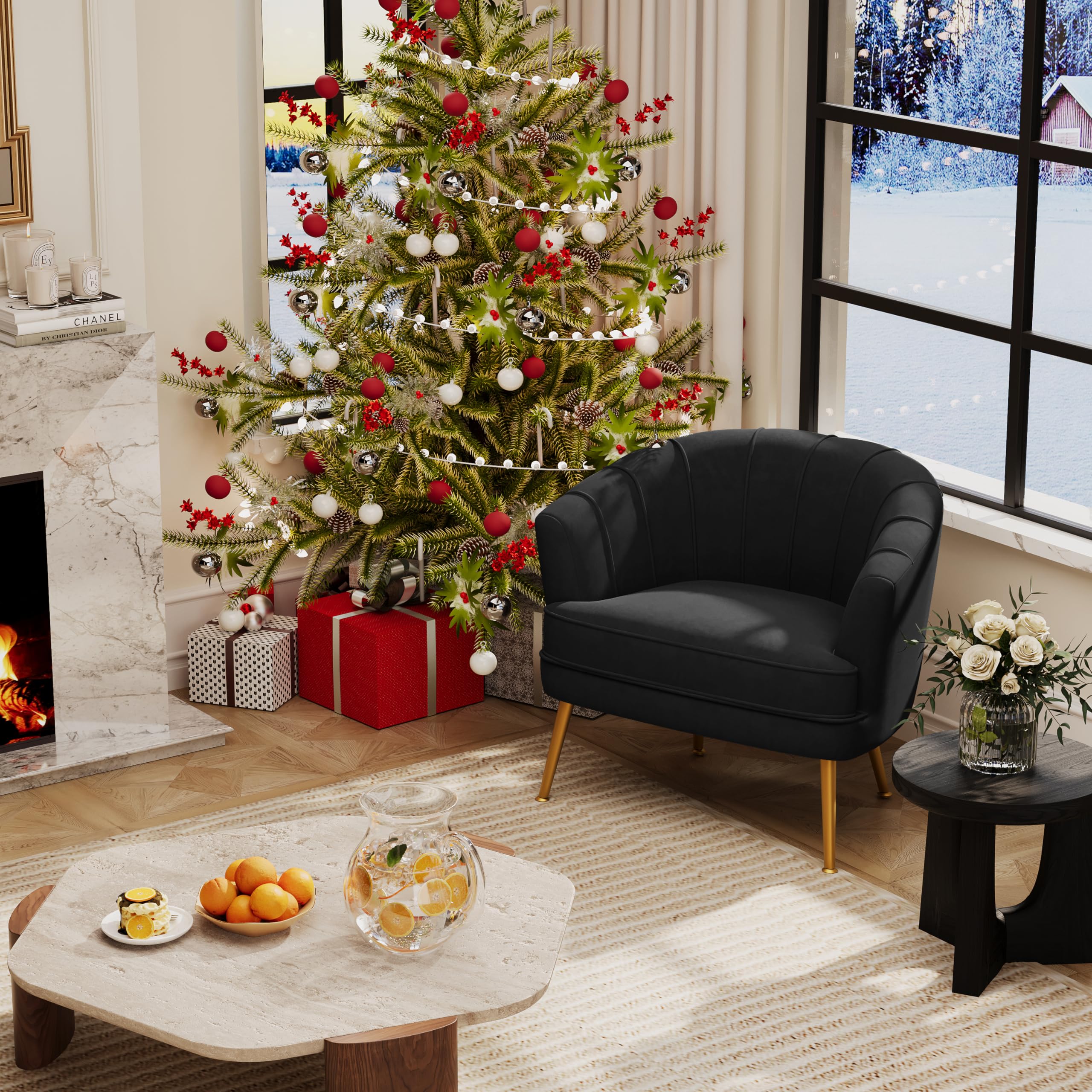 Andeworld Velvet Accent Chair - Modern Upholstered Single Sofa Side Chair with Golden Metal Legs, Comfortable Barrel Club Armchair for Living Room, Bedroom, Office & Reading Nook - Elegant Black Velvet Fabric for Cozy Home Decor