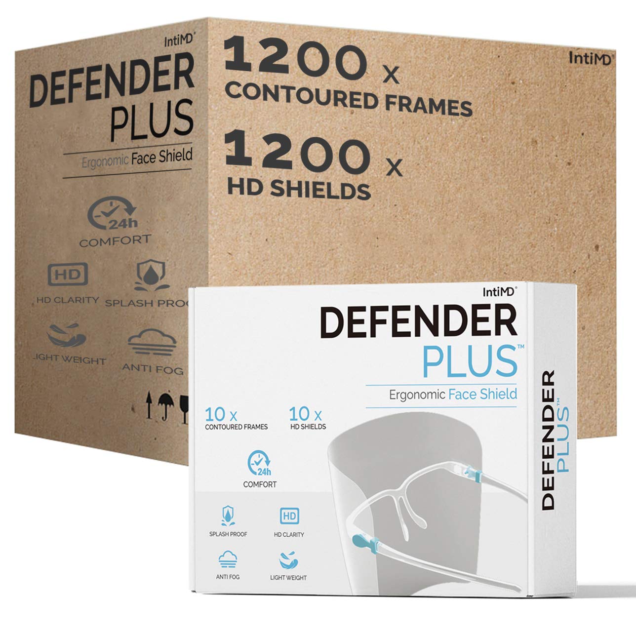 DEFENDER PLUS Safety Full Face Shield - 1,200 Frames & 1,200 Shields - Anti-Fog, Ergonomic Design for All-Day Comfort - Splash & Droplet Protection - Ideal for Healthcare, Construction & Laboratory Use