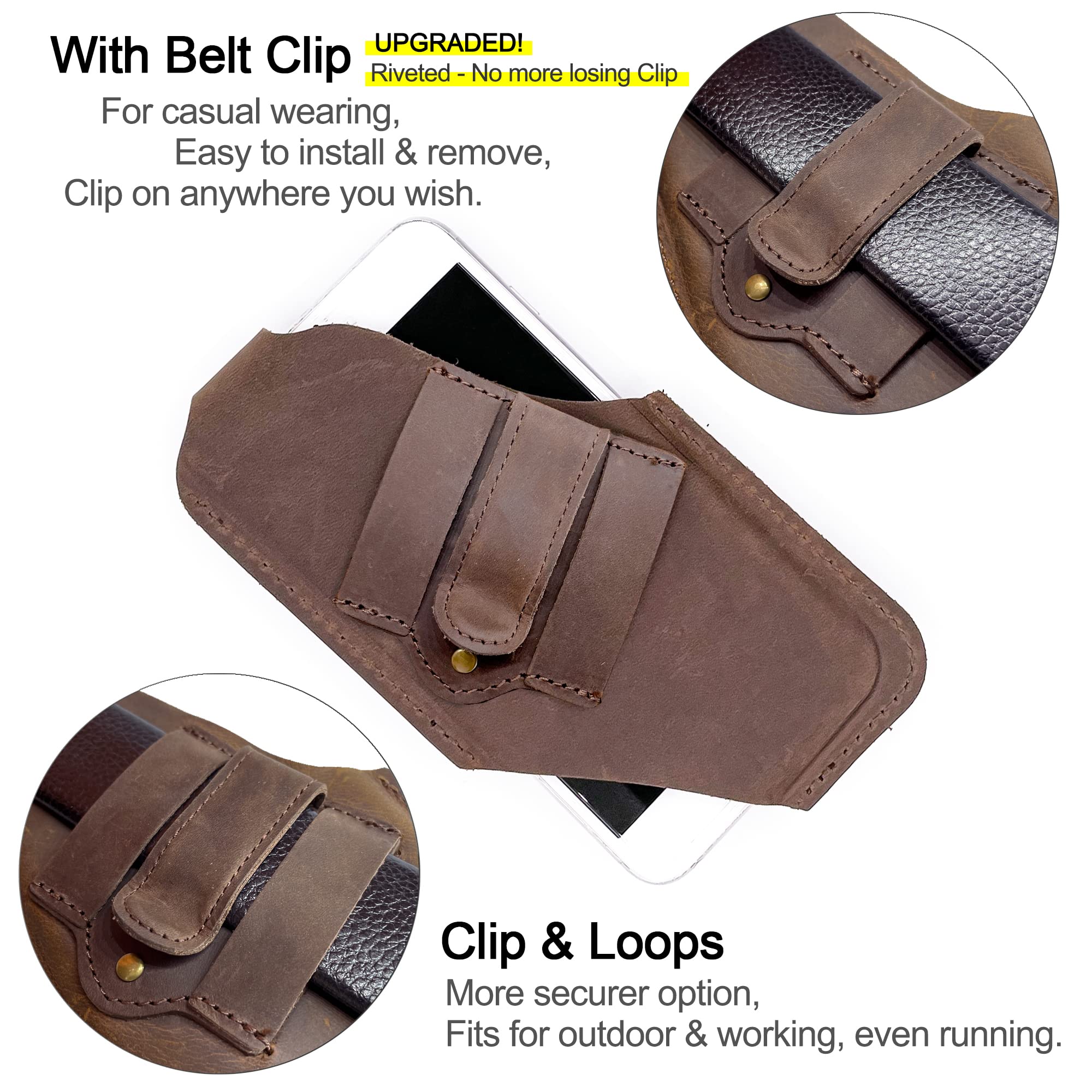 TobbinGear Leather Cell Phone Holster with Belt Clip - Universal Leather Phone Pouch for iPhone & Android - Dark Brown Medium Size - Perfect for Work, Hiking & Outdoor Activities