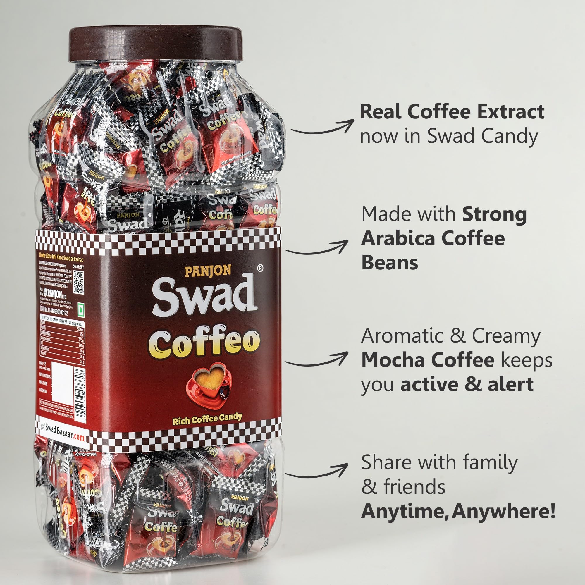 Premium Swad Coffee Candy - Rich & Bold Coffee Flavor Made with Strong Coffee Beans & Coffeo Toffee - 500g Jar - Perfect for Office Snacks, Gifts & Coffee Lovers