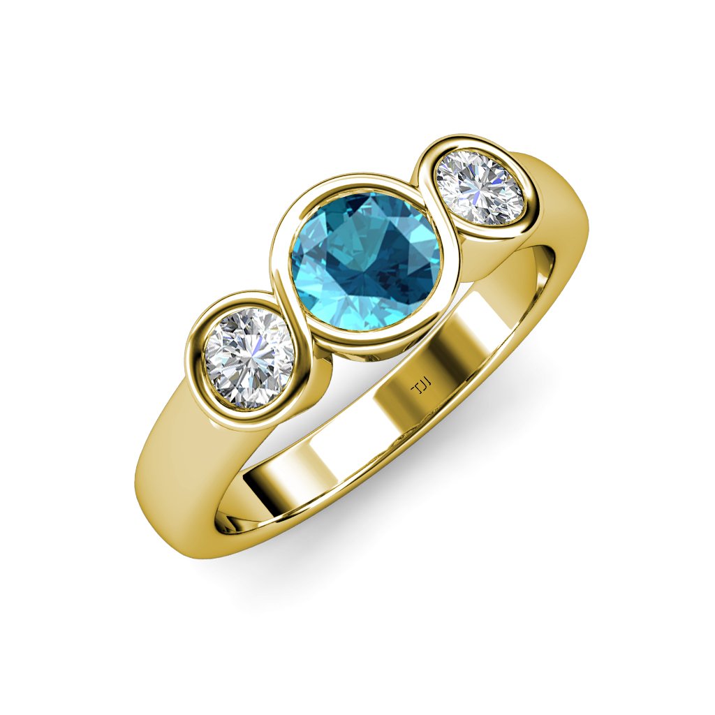 London Blue Topaz & Diamond (SI2, G) Infinity Three Stone Ring - 1.95ct tw in 14K Yellow Gold - Elegant Engagement, Anniversary & Wedding Jewelry Gift for Her