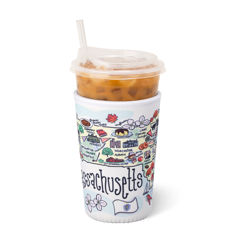 Massachusetts Medium Iced Coffee Cup Coolie - Insulated Sleeve for 16oz Cold Drinks | Perfect for Iced Coffee, Bubble Tea & Summer Beverages
