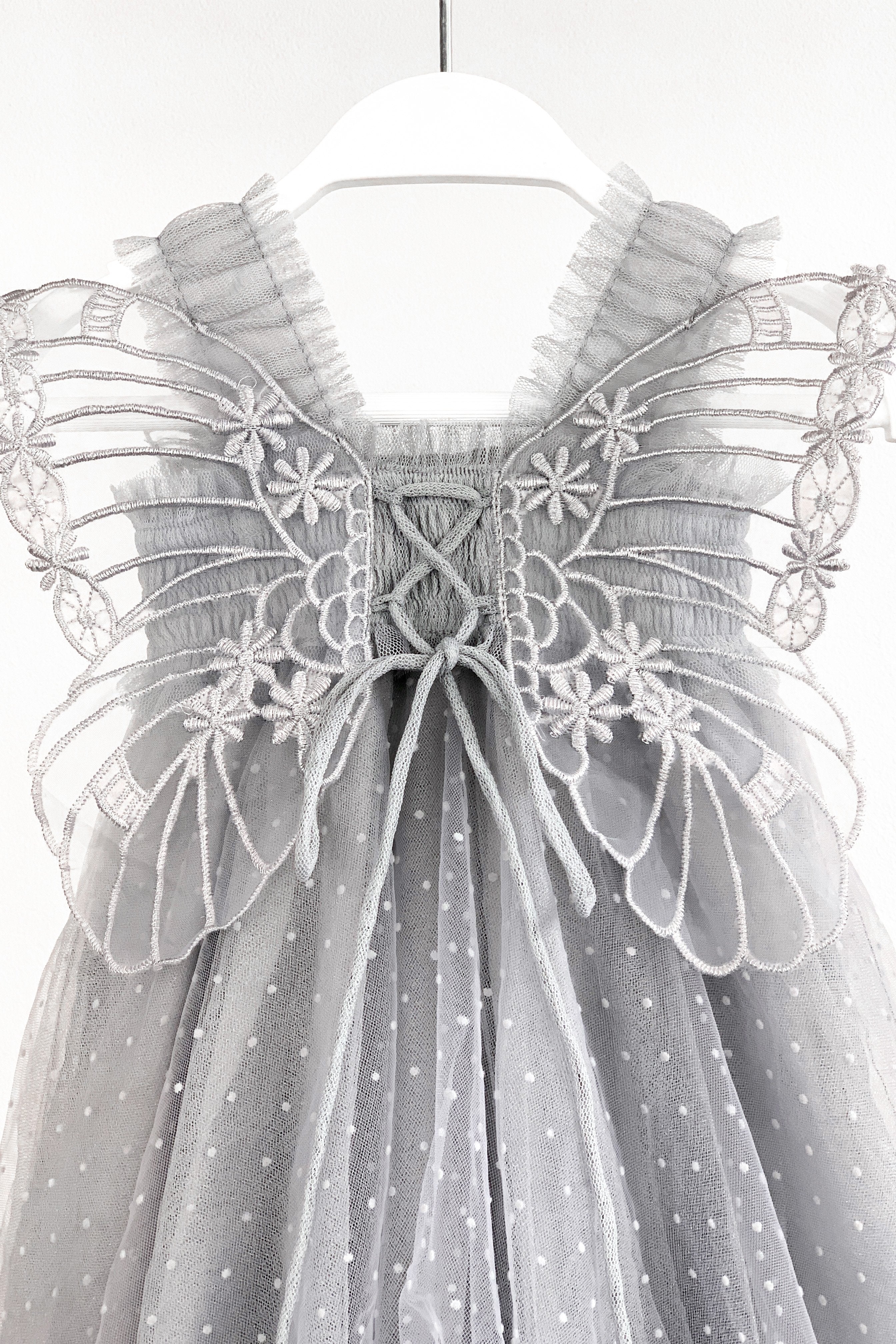 Stormi Grey Plumeti Dot Fairy Wing Dress for Girls – Elegant Party, Photo Shoot & Special Occasion Outfit