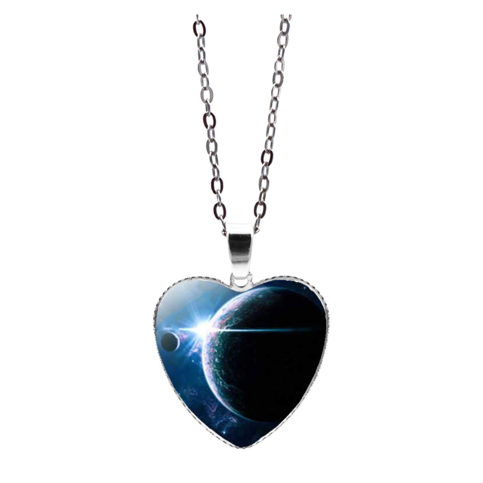 Galaxy Planet Pendant Necklace - Solar System Heart Shaped Glass Jewelry with Short Chain for Women | Perfect for Gifts, Date Nights & Cosmic Fashion