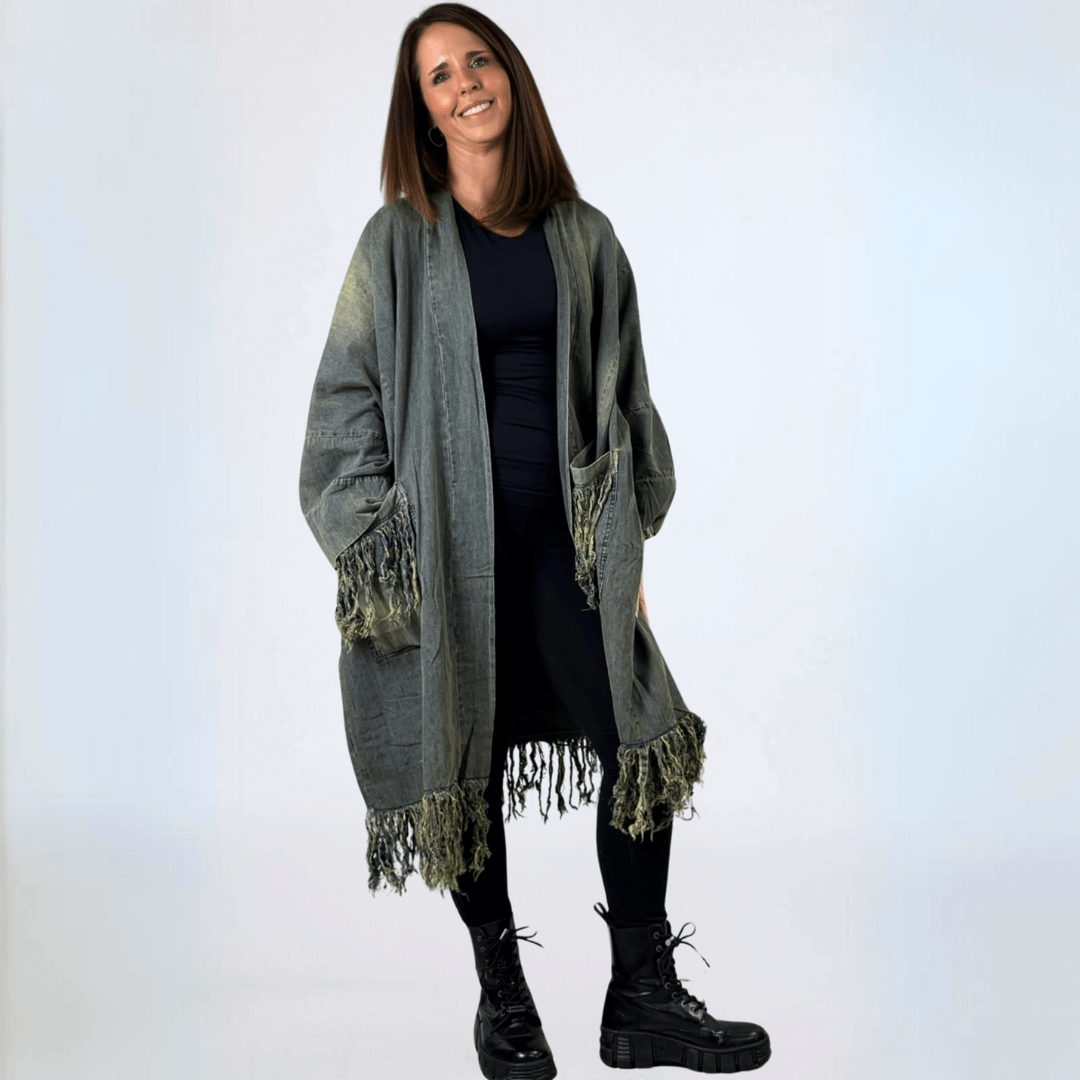 Jaded Gypsy Distressed Denim Fringe Duster Jacket for Women - Vintage Boho Style Long Coat - Perfect for Music Festivals & Casual Outfits