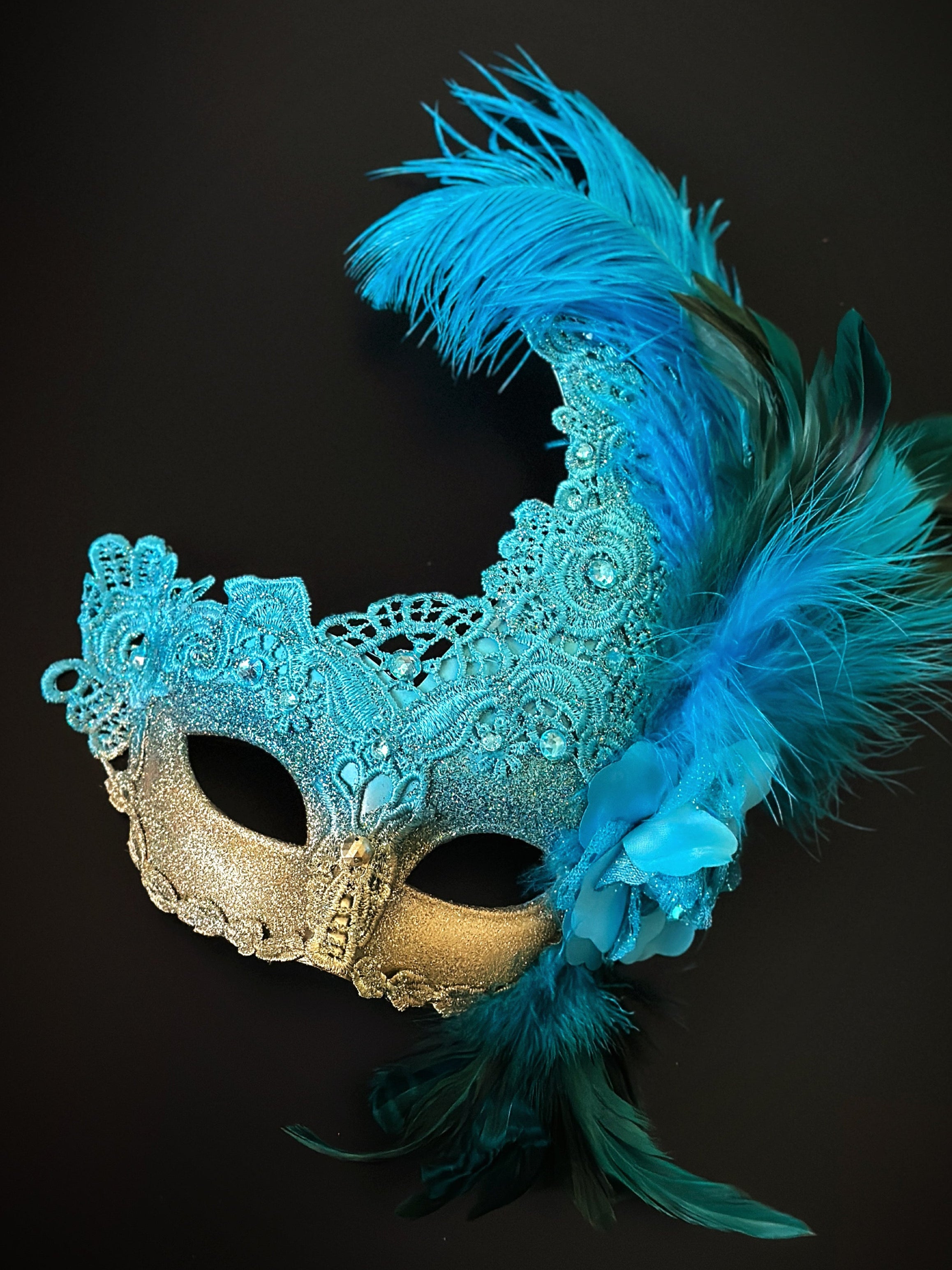 Luxury Venetian Brocade Face Masks - Turquoise & Gold Elegant Design for Parties, Weddings, and Special Events