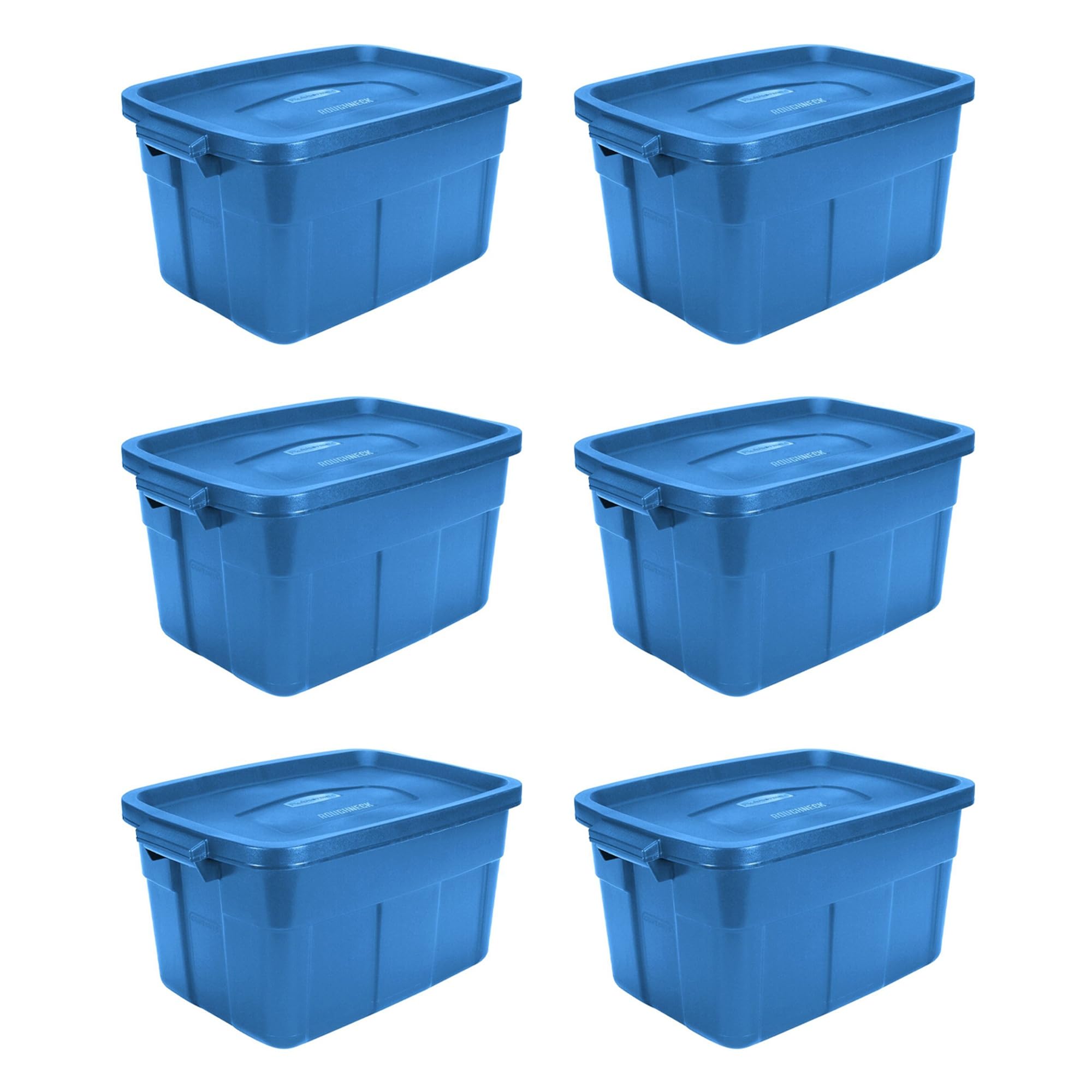 Rubbermaid Roughneck Tote 14 Gallon (6 Pack) - Heavy Duty Stackable Storage Bins with Lids & Handles - Made in USA - Heritage Blue - Perfect for Garage Organization, Home Storage & Moving Supplies